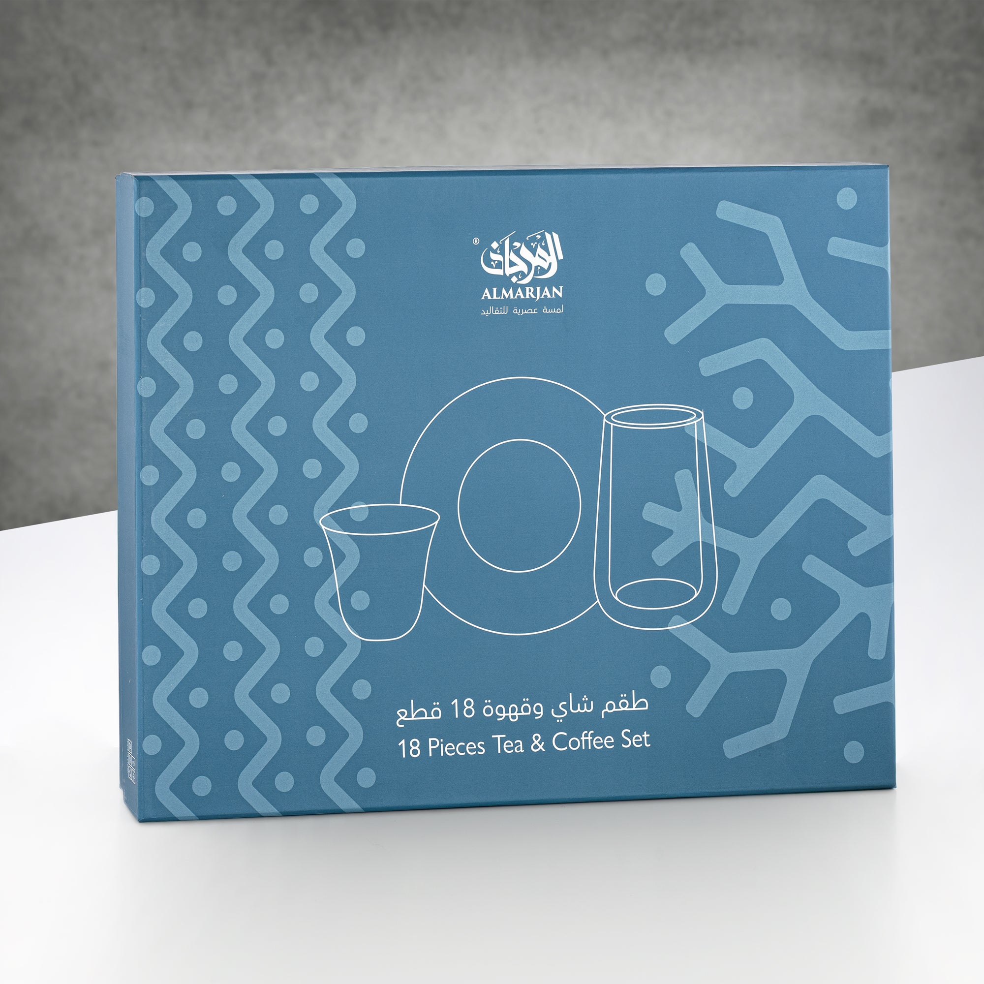 Almarjan Tea & Coffee Glass Set 18 Pieces Clear with Black Pattern & Gun Black Saucers