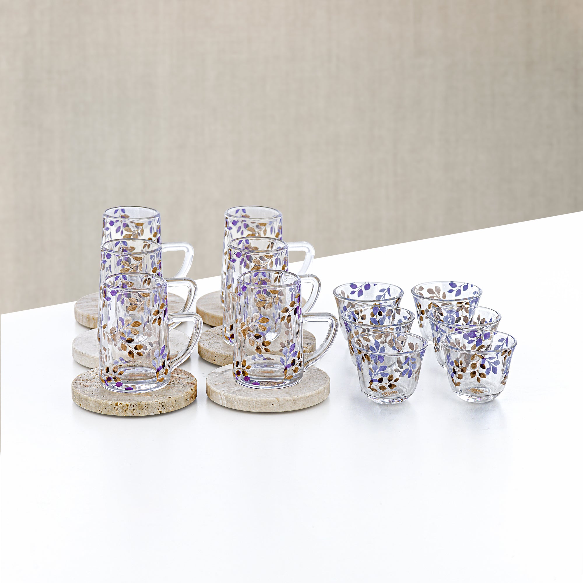 Almarjan Tea & Arabic Coffee Set 18 Pieces Glass & Travertine