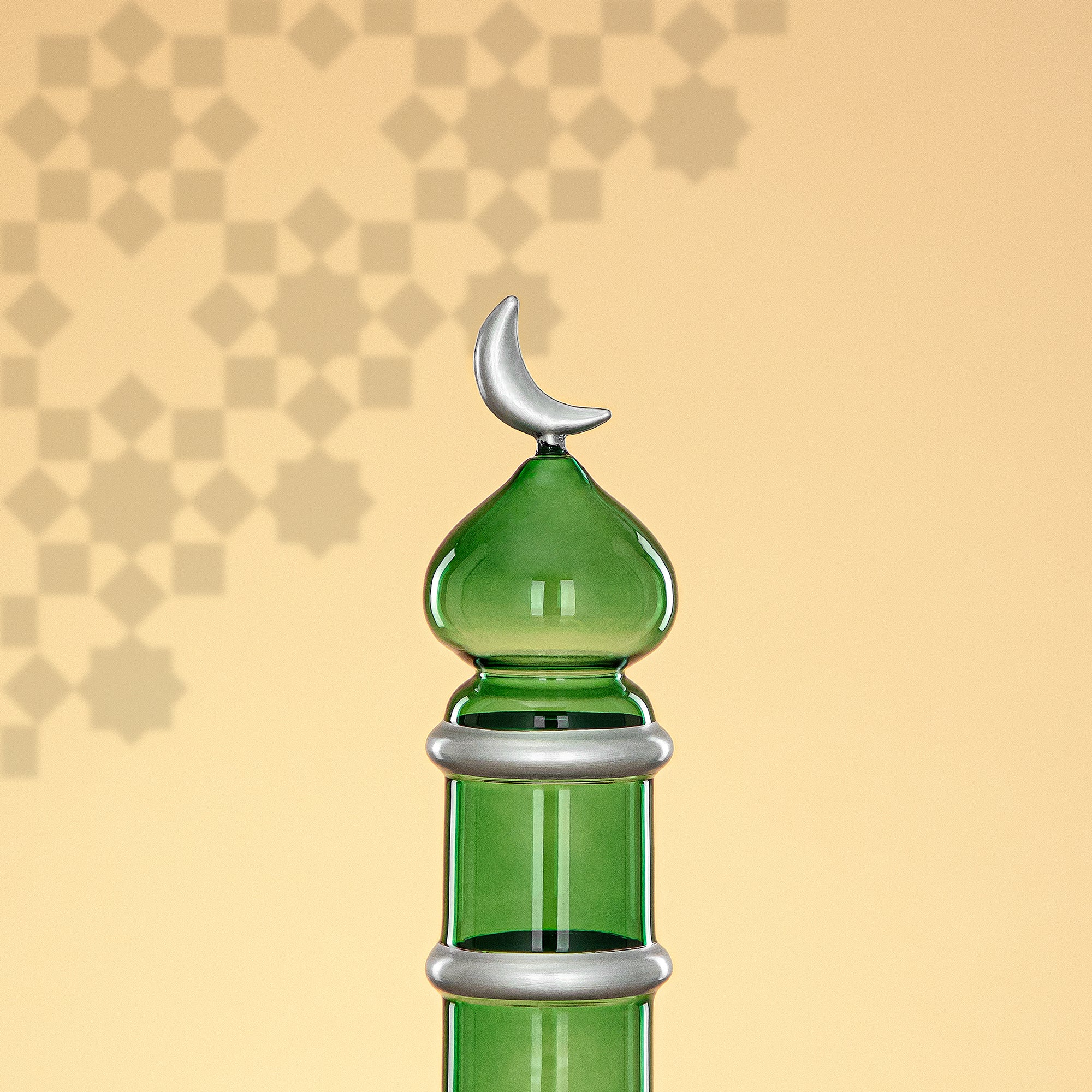 Almarjan Minaret Table Decoration 24cm x 7cm Transparent Green with Silver Lines & Crescent Moon – Noor Al Layali