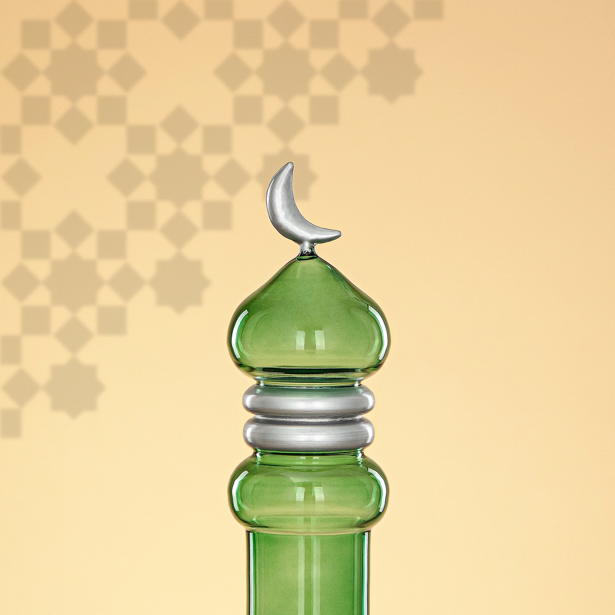 Almarjan Minaret Table Decoration 24cm x 8cm Transparent Green with Silver Lines & Crescent Moon – Noor Al Layali