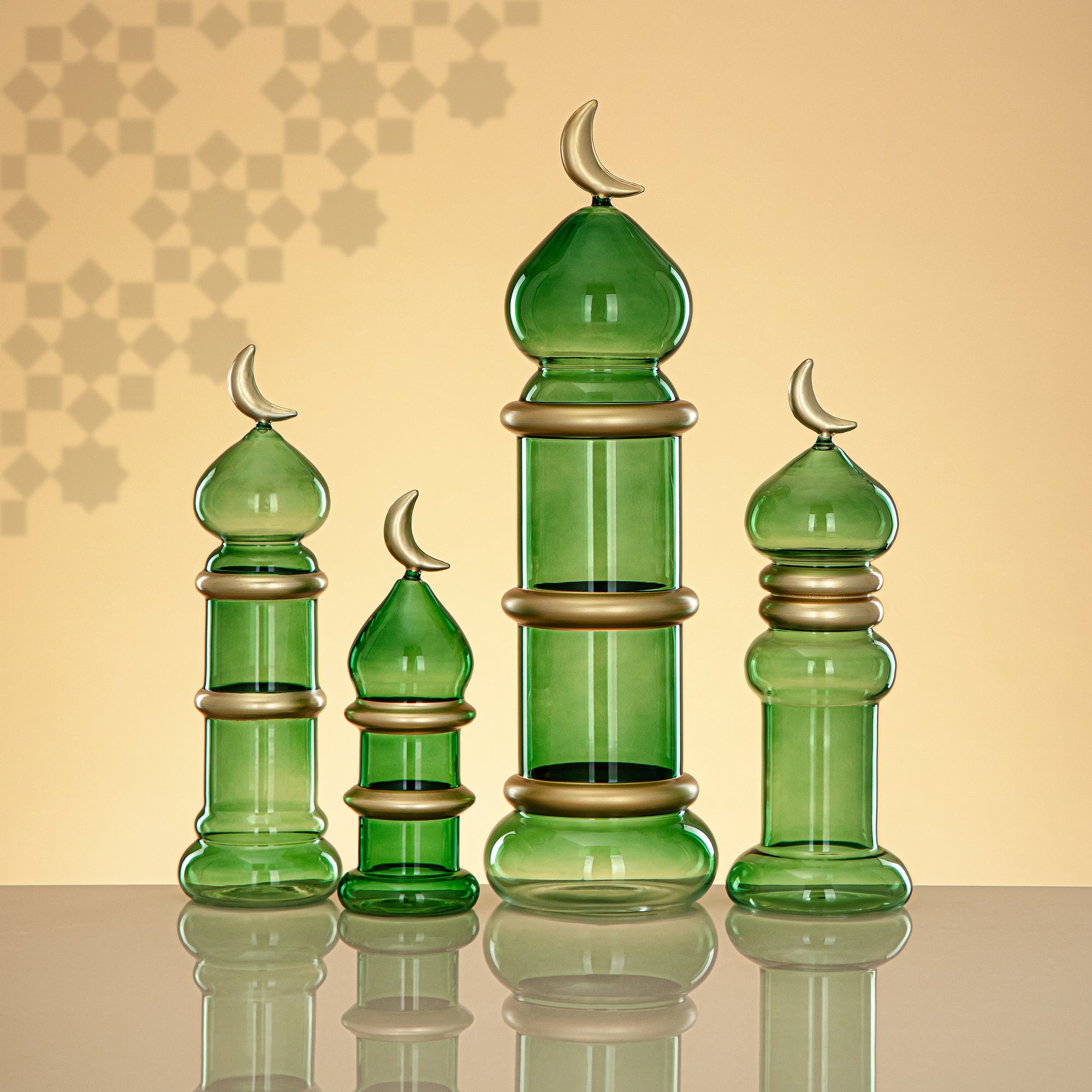 Almarjan Minaret Table Decoration 34cm x 10cm Transparent Green with Golden Lines & Crescent Moon – Noor Al Layali
