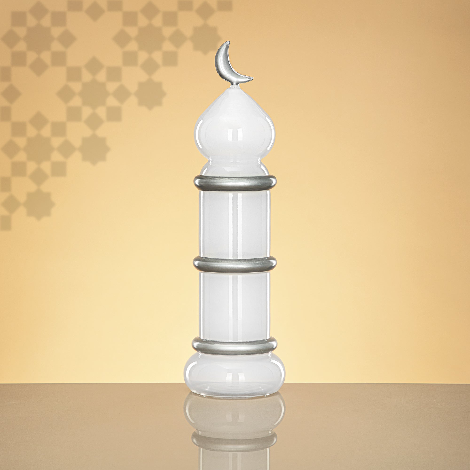 Almarjan Minaret Table Decoration 34cm x 10cm White with Silver Lines & Crescent Moon – Noor Al Layali