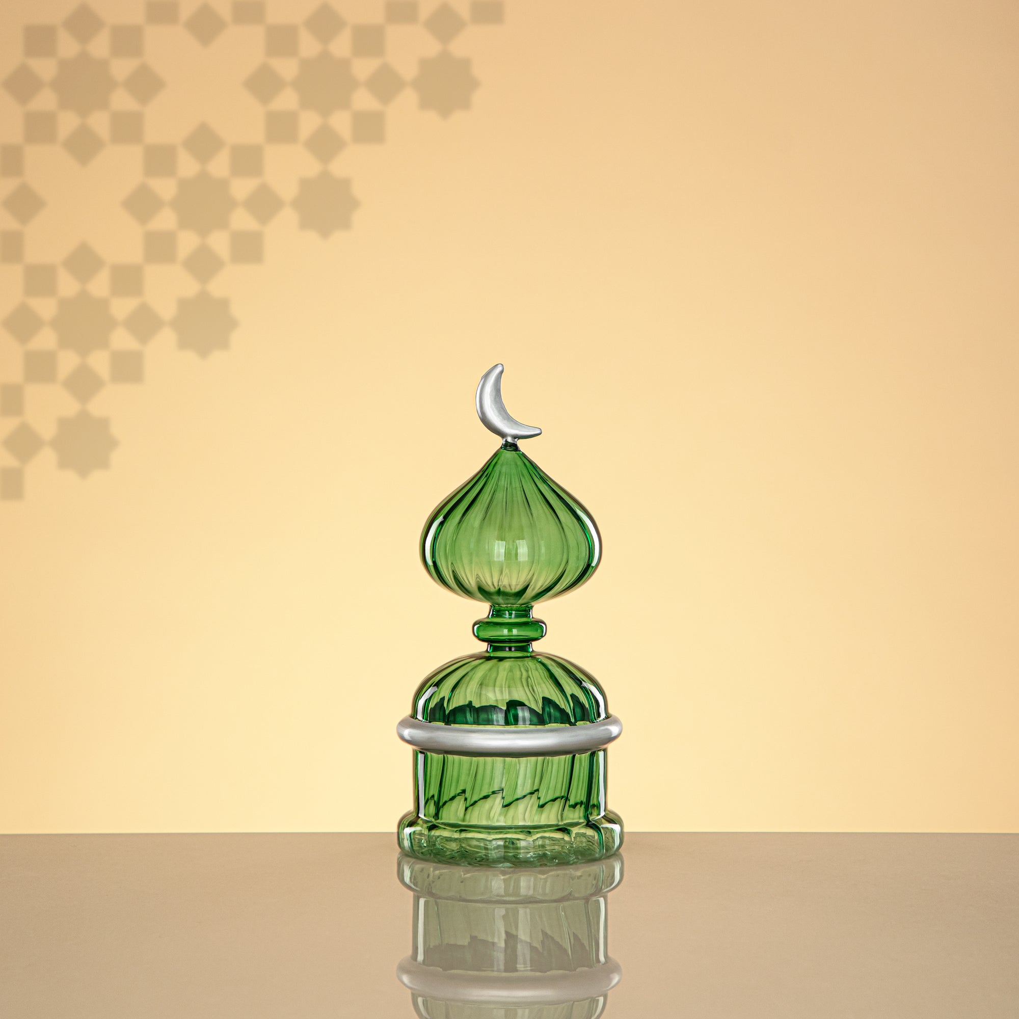 Almarjan Minaret Table Decoration 22cm x 10cm Transparent Green with Silver Lines & Crescent Moon – Noor Al Layali