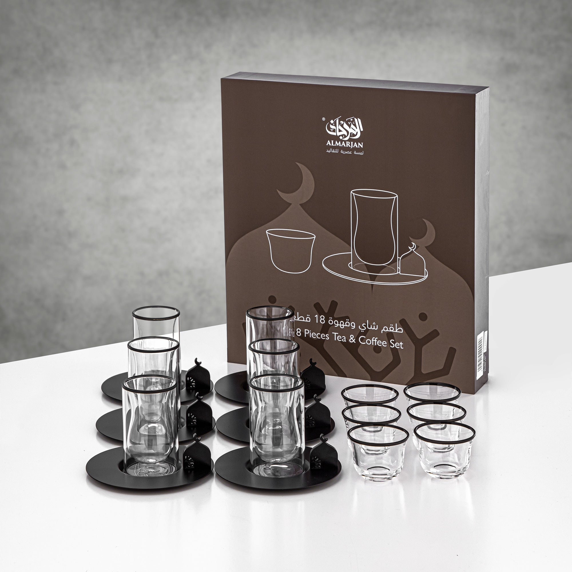 Almarjan Tea & Coffee Set 18 Pieces Clear with Black Rim