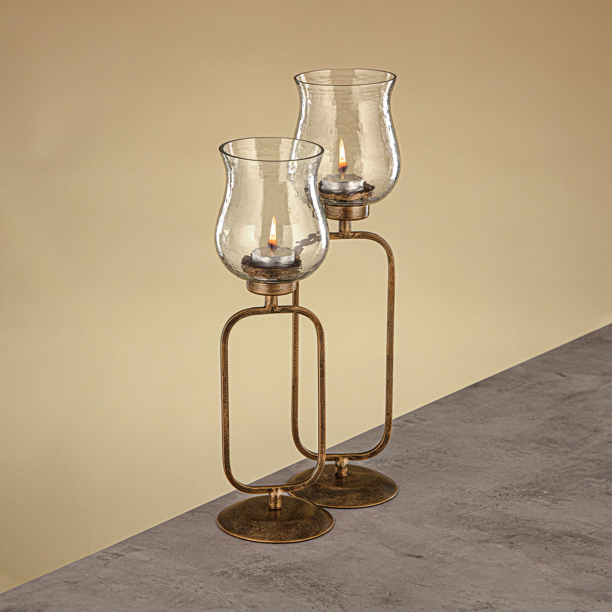 Almarjan Elemental Votive Holder Hammered Clear Glass 11x11x36 CM Antique Gold Stand (GMT2960011)