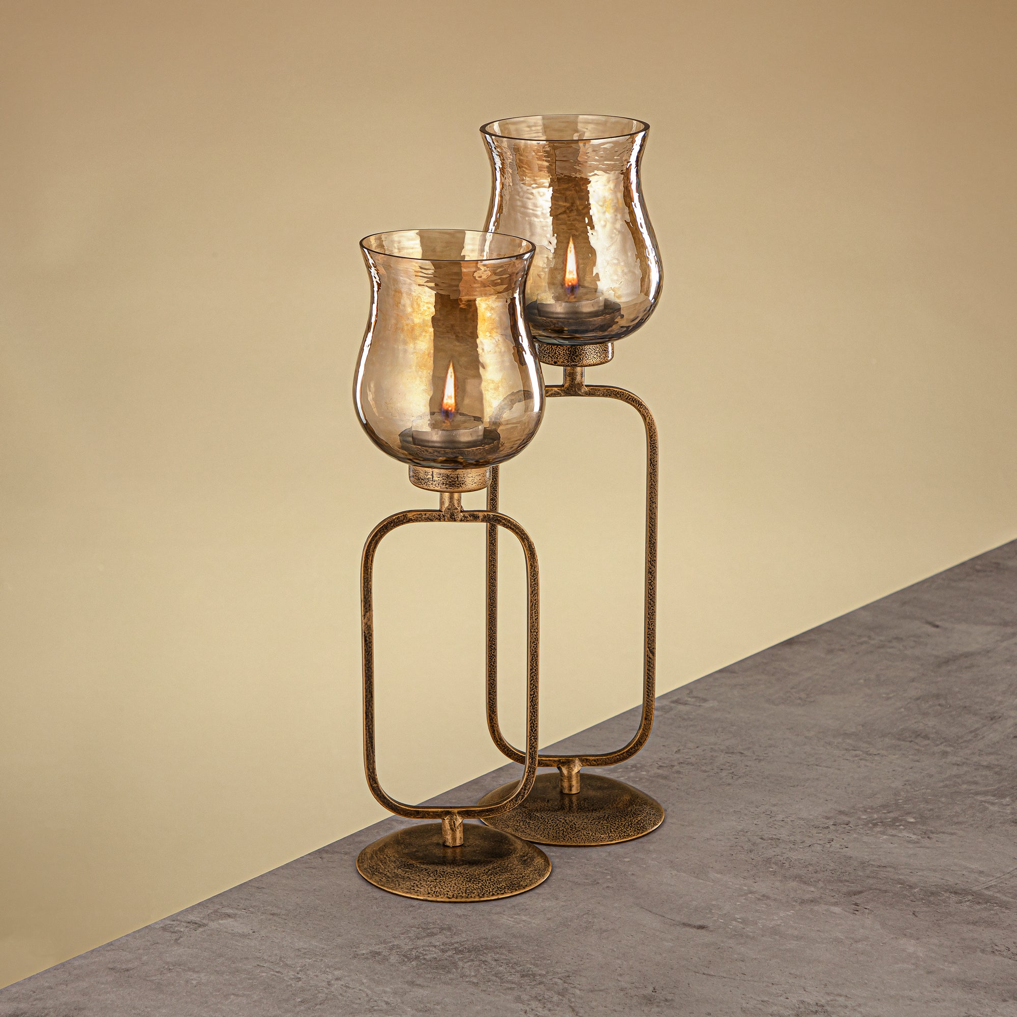 Almarjan Elemental Votive Holder Hammered Copper Brown Glass 11x11x41 CM Antique Gold Stand (GMT2960013)