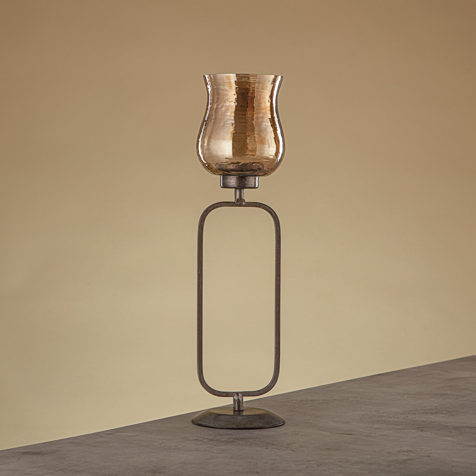 Almarjan Elemental Votive Holder Hammered Copper Brown Glass 11x11x41 CM Vintage Silver Stand (GMT2960014)