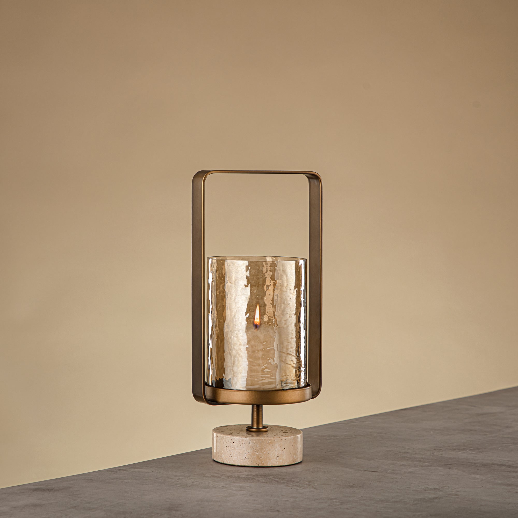 Almarjan Kalon Hurricane Lantern Hammered Copper Brown Glass 15.5x12.5x32.5 CM Brushed Gold & Travertine Base (GMT2960027)