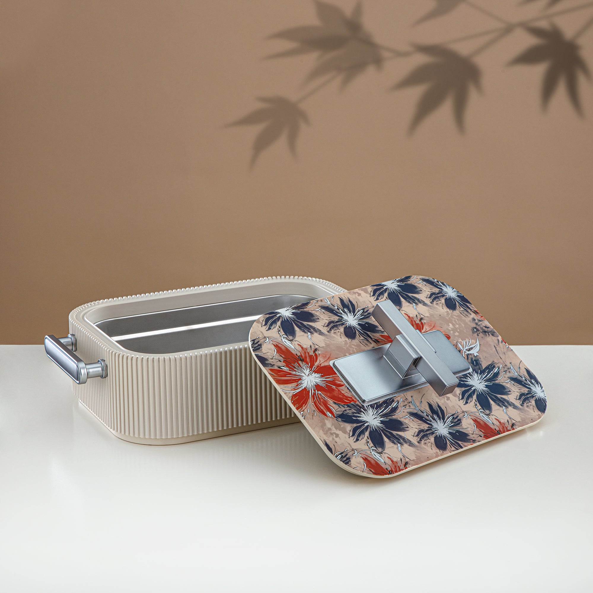 Almarjan Hot Pot ABS, 3000ML, Floral Beige & Matt Silver (HP06-300SP-AZ05S) - Elegant Serving