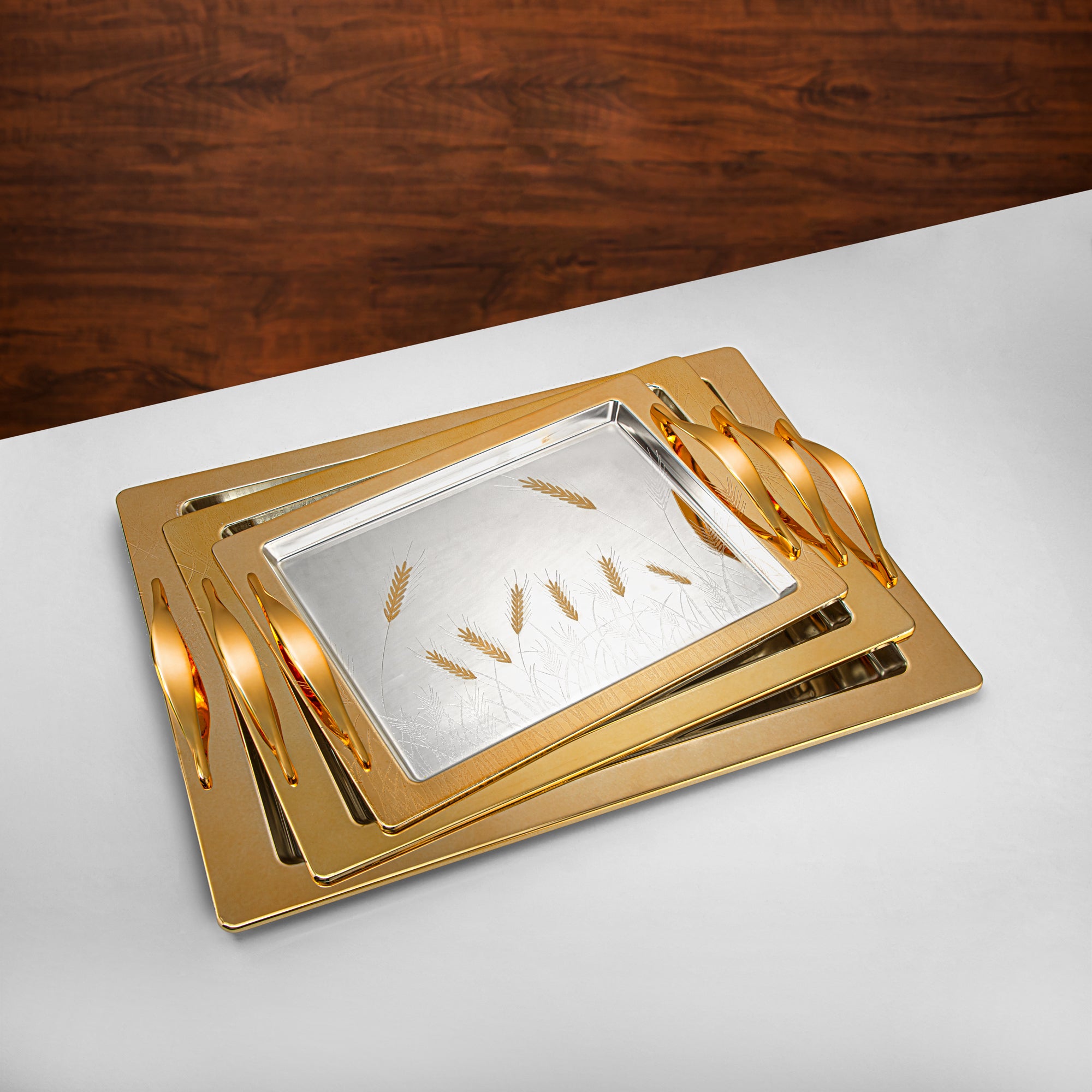 مجموعة صواني تقديم المرجان 3 قطع فضي وذهبي - HT2411003