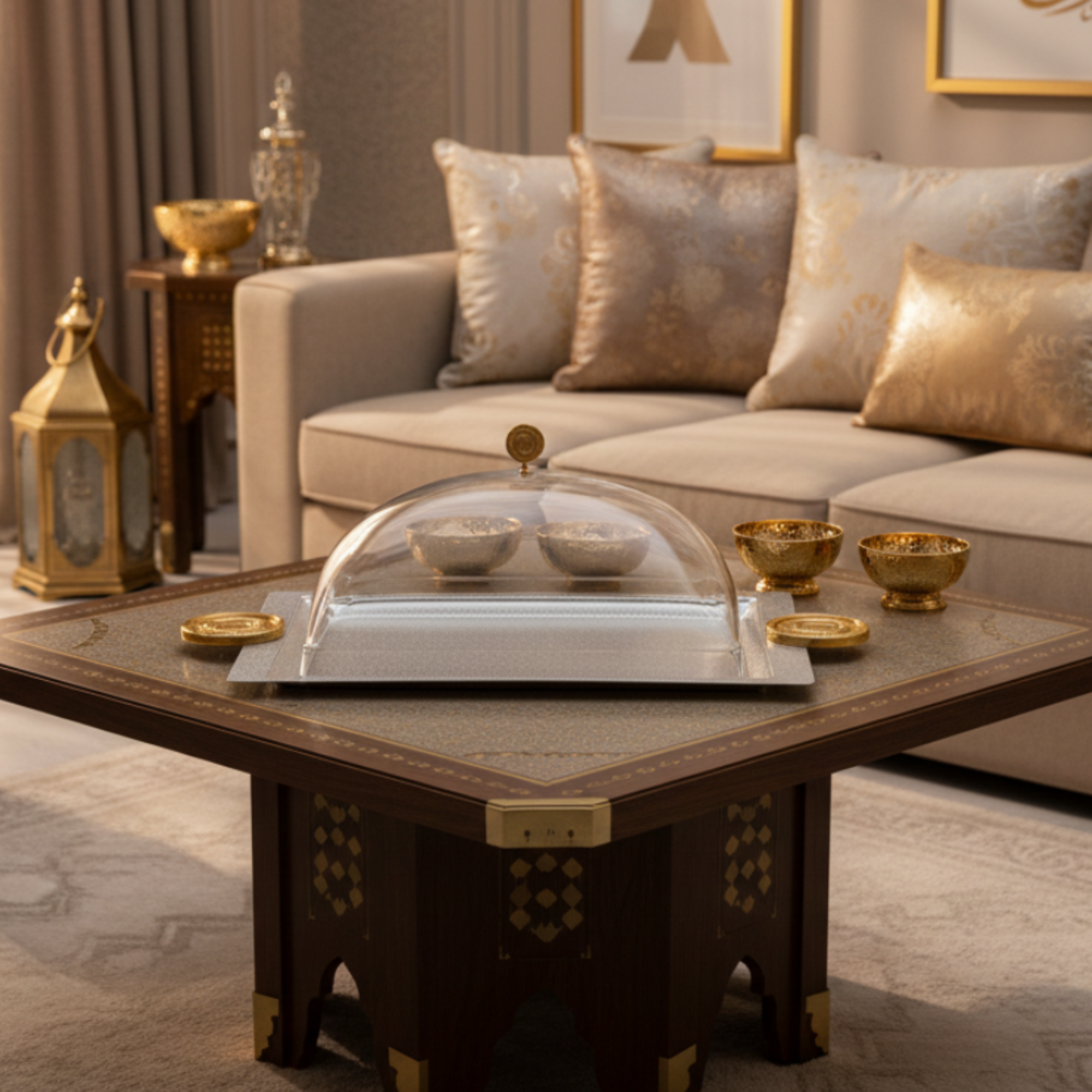 Almarjan Serving Tray with Cover 53 cm Silver & Gold Crackle