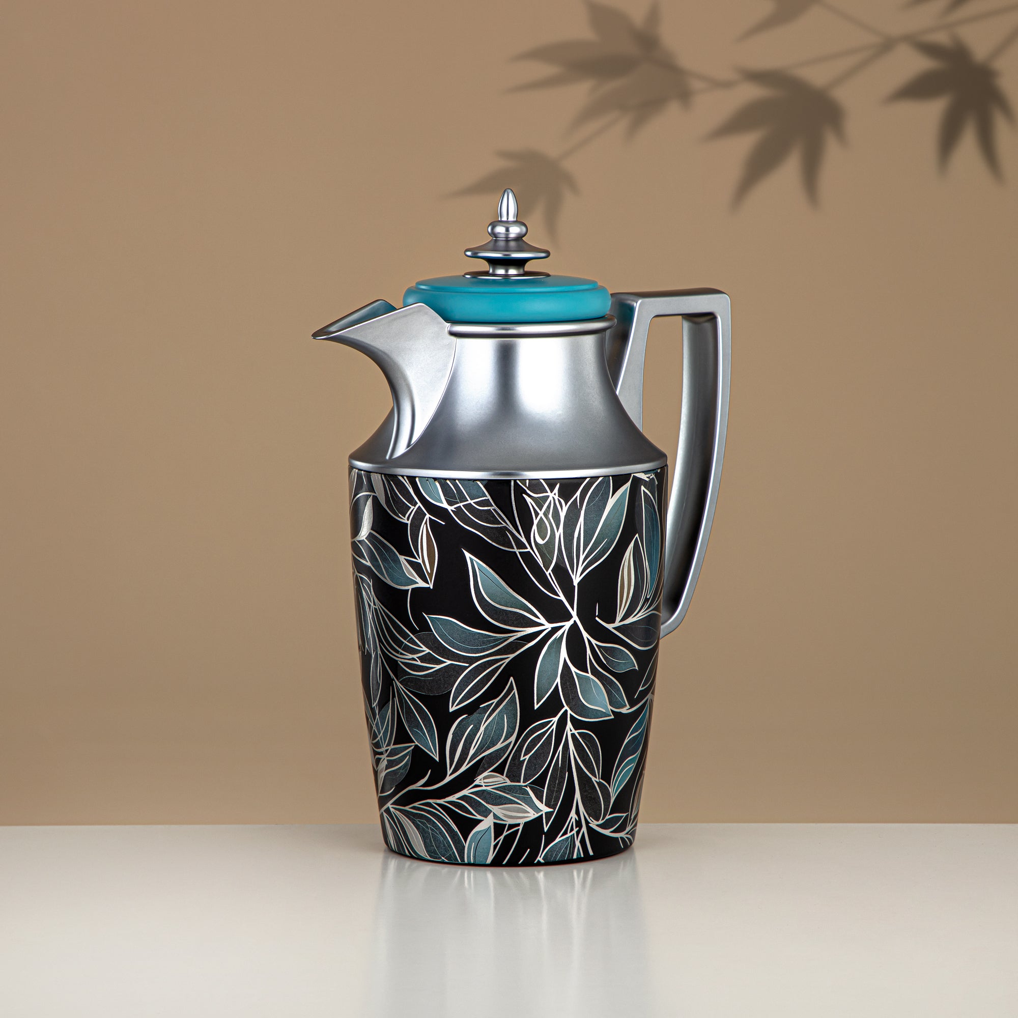 Almarjan Vacuum Flask Set, Push Button, 1L + 1L, Floral & Matt Silver (JBH10T/10C-AZ03S) - Tea & Coffee Vacuum Flask