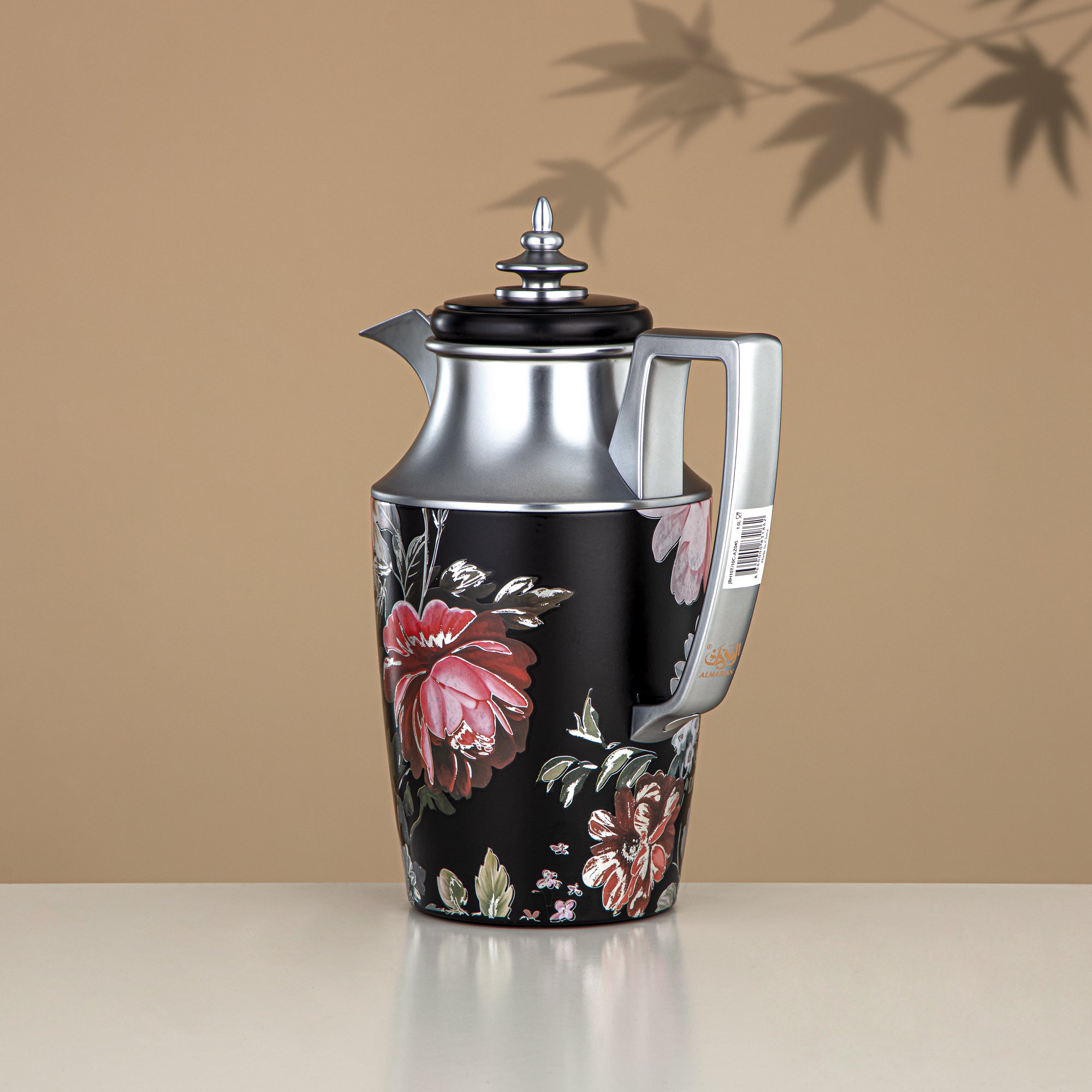 Almarjan Vacuum Flask Set, Push Button, 1L + 1L, Floral & Matt Silver (JBH10T/10C-AZ04S) - Tea & Coffee Vacuum Flask