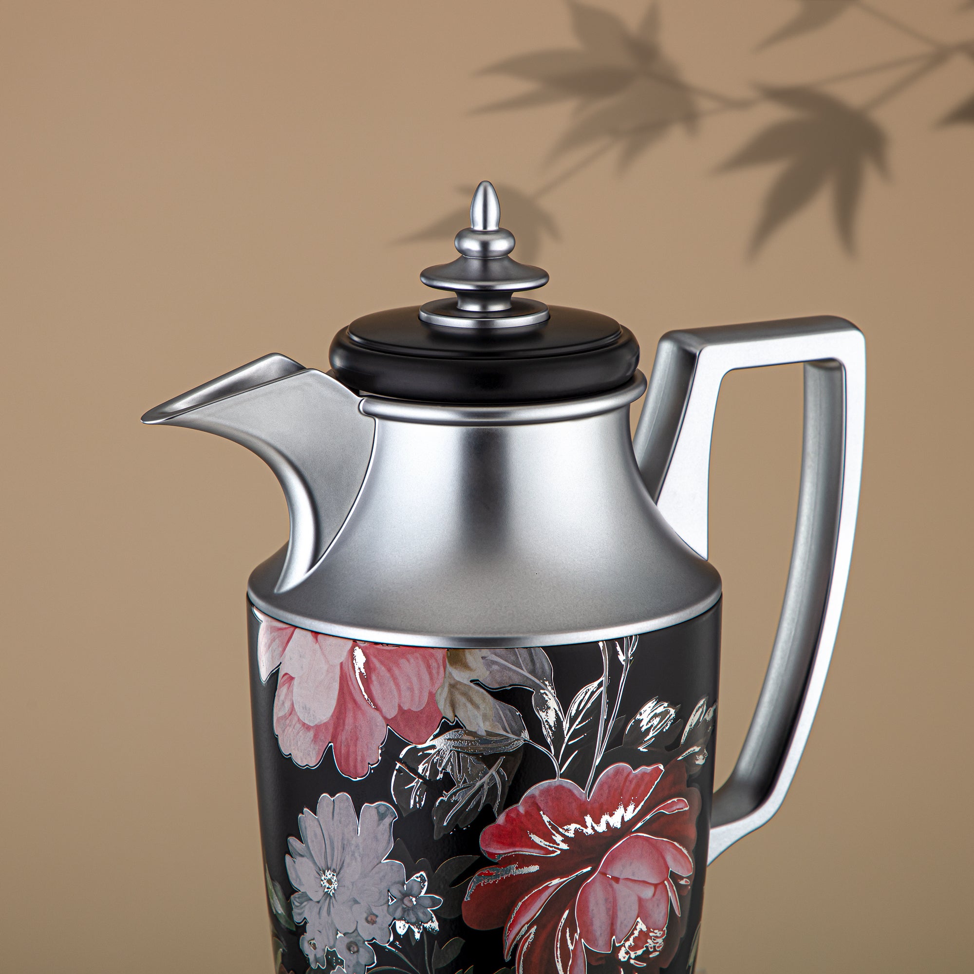 Almarjan Vacuum Flask Set, Push Button, 1L + 1L, Floral & Matt Silver (JBH10T/10C-AZ04S) - Tea & Coffee Vacuum Flask