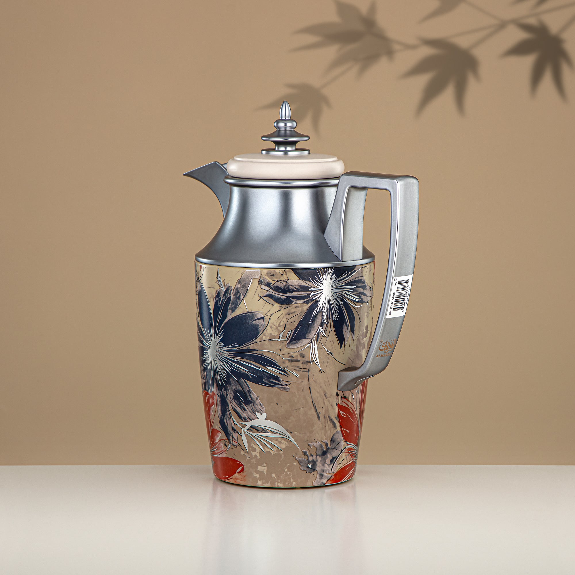 Almarjan Vacuum Flask Set, Push Button, 1L + 1L, Floral & Matt Silver (JBH10T/10C-AZ05S) - Tea & Coffee Vacuum Flask