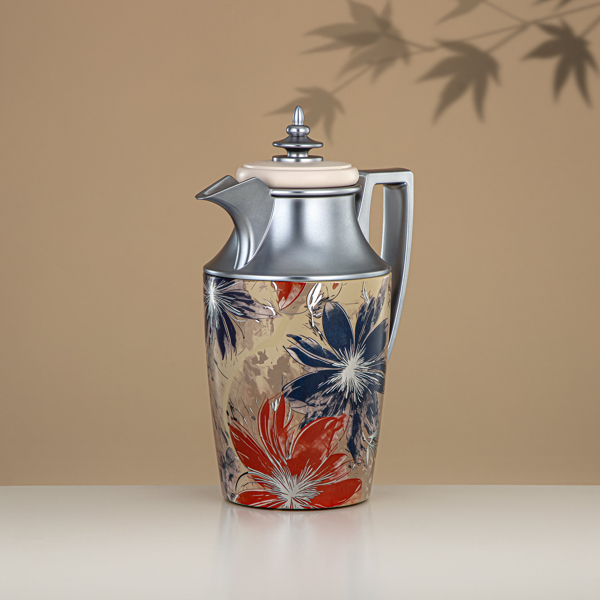 Almarjan Vacuum Flask Set, Push Button, 1L + 1L, Floral & Matt Silver (JBH10T/10C-AZ05S) - Tea & Coffee Vacuum Flask