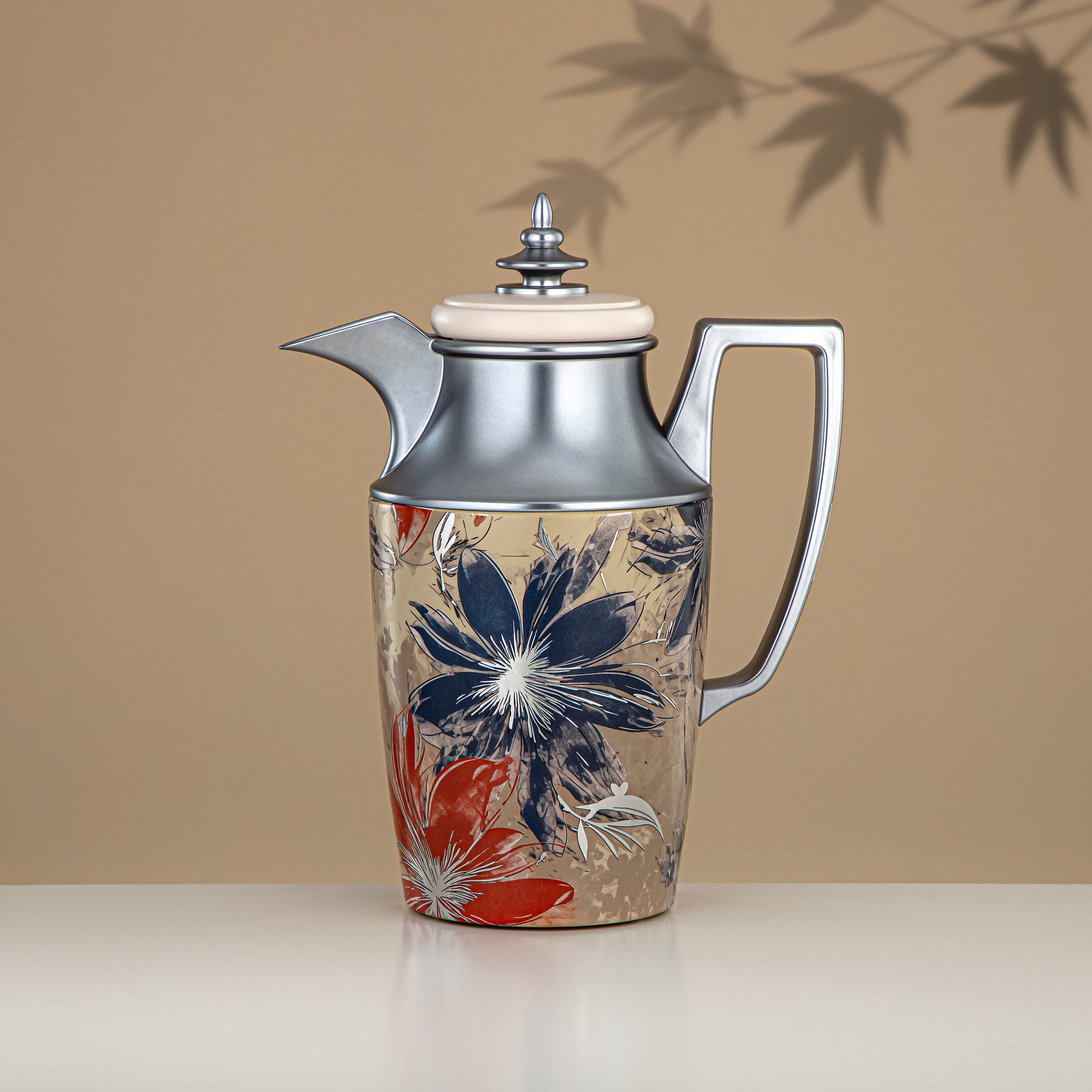 Almarjan Vacuum Flask Set, Push Button, 1L + 1L, Floral & Matt Silver (JBH10T/10C-AZ05S) - Tea & Coffee Vacuum Flask