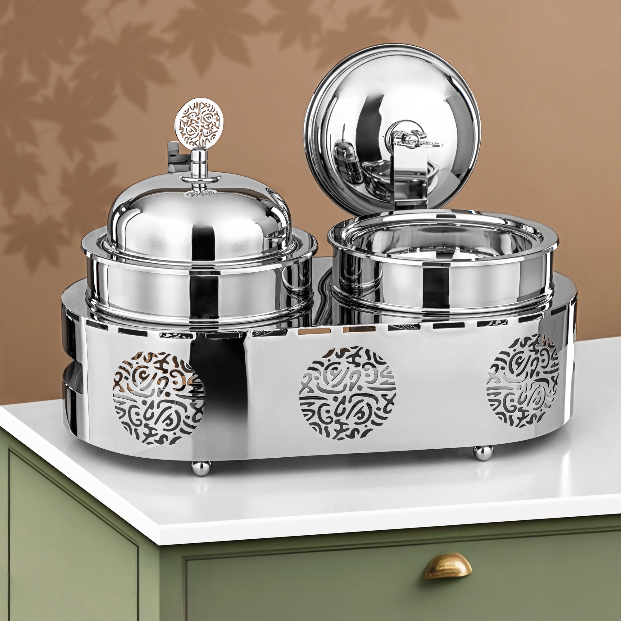 Almarjan Chafing Dish Double Stainless Steel 1.25L + 1.25L Silver (MD-3018) - Stylish Serveware