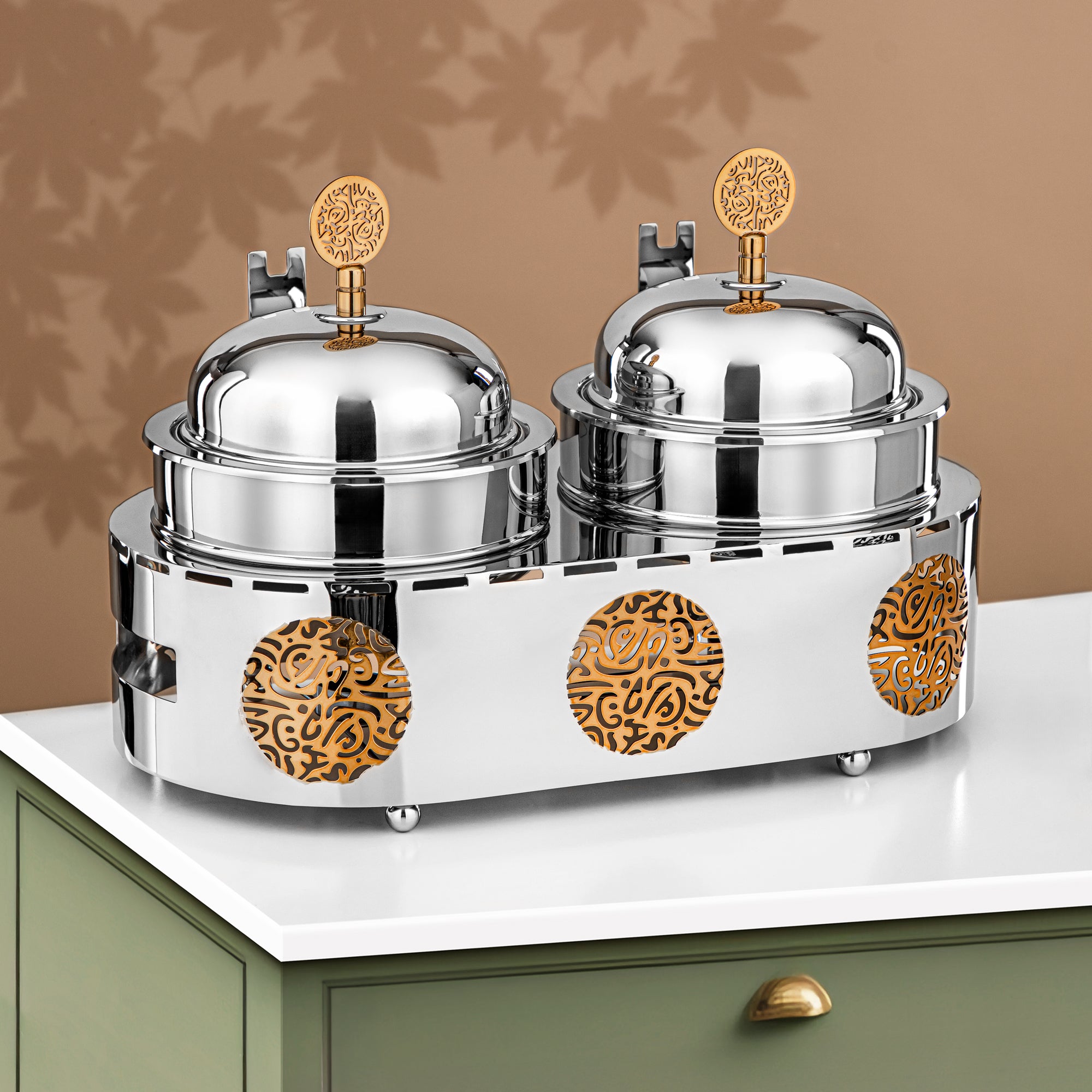 طبق شافينغ مزدوج ألماجان ستانلس ستيل 1.25 لتر + 1.25 لتر فضي وذهبي (MD-3019) - أدوات تقديم أنيقة