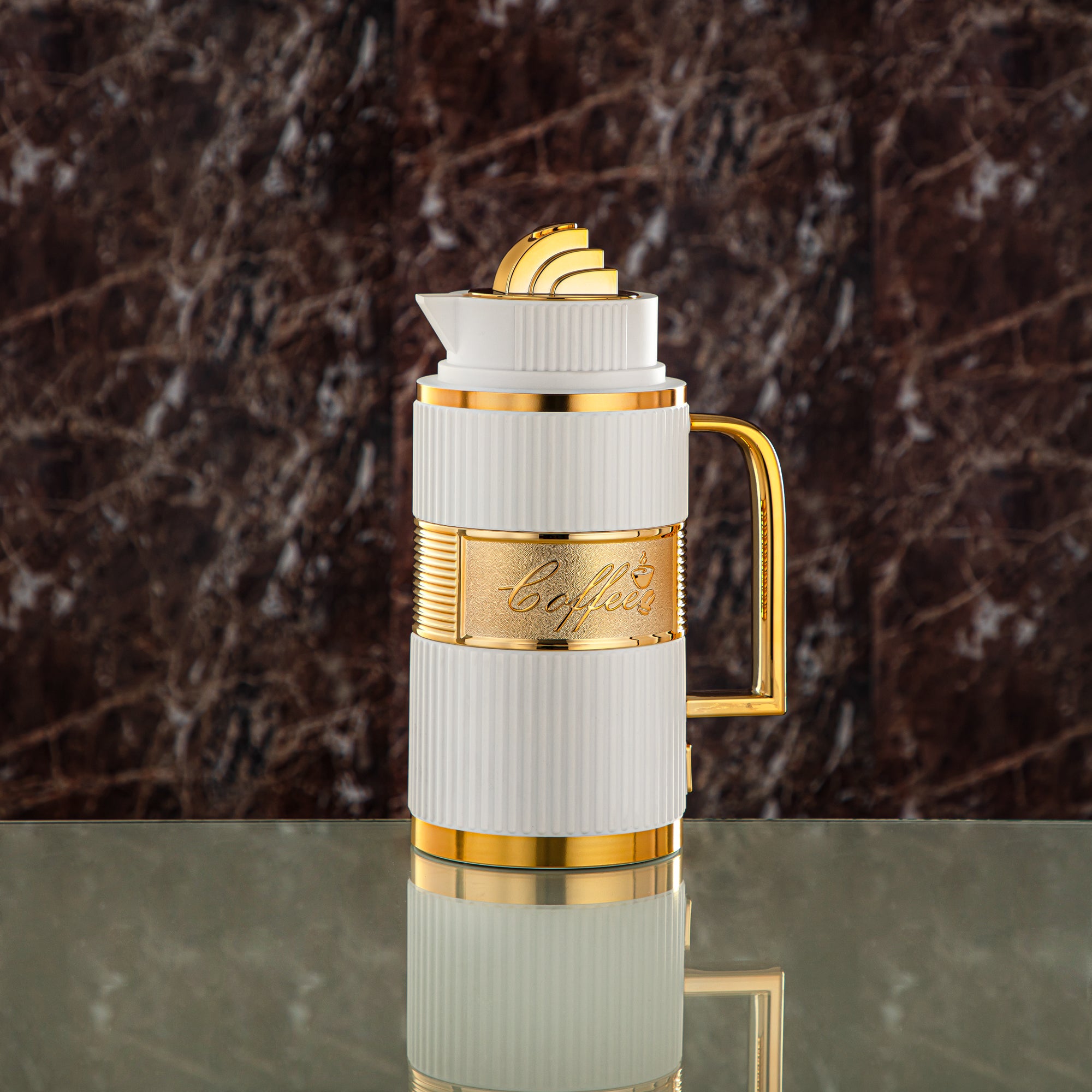 Almarjan Vacuum Flask Set, ABS, Push Button - 1L + 1L, White & Gold (OUD-MWG) - Tea & Coffee