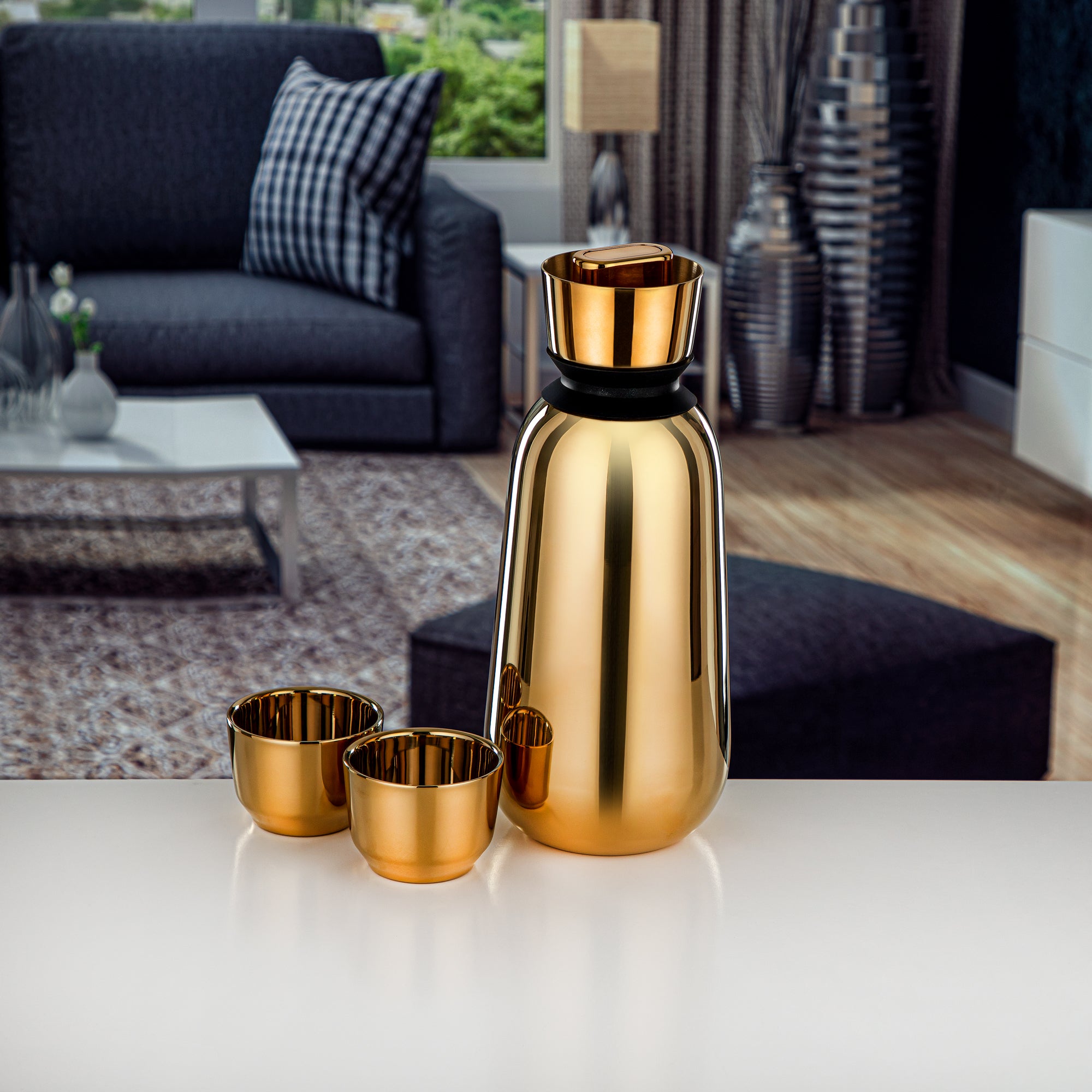 Almarjan Vacuum Flask Set 3 Pieces, Double Wall, Stinless Steel, 0.9L, Gold (QS03-09G) - Camp in Style