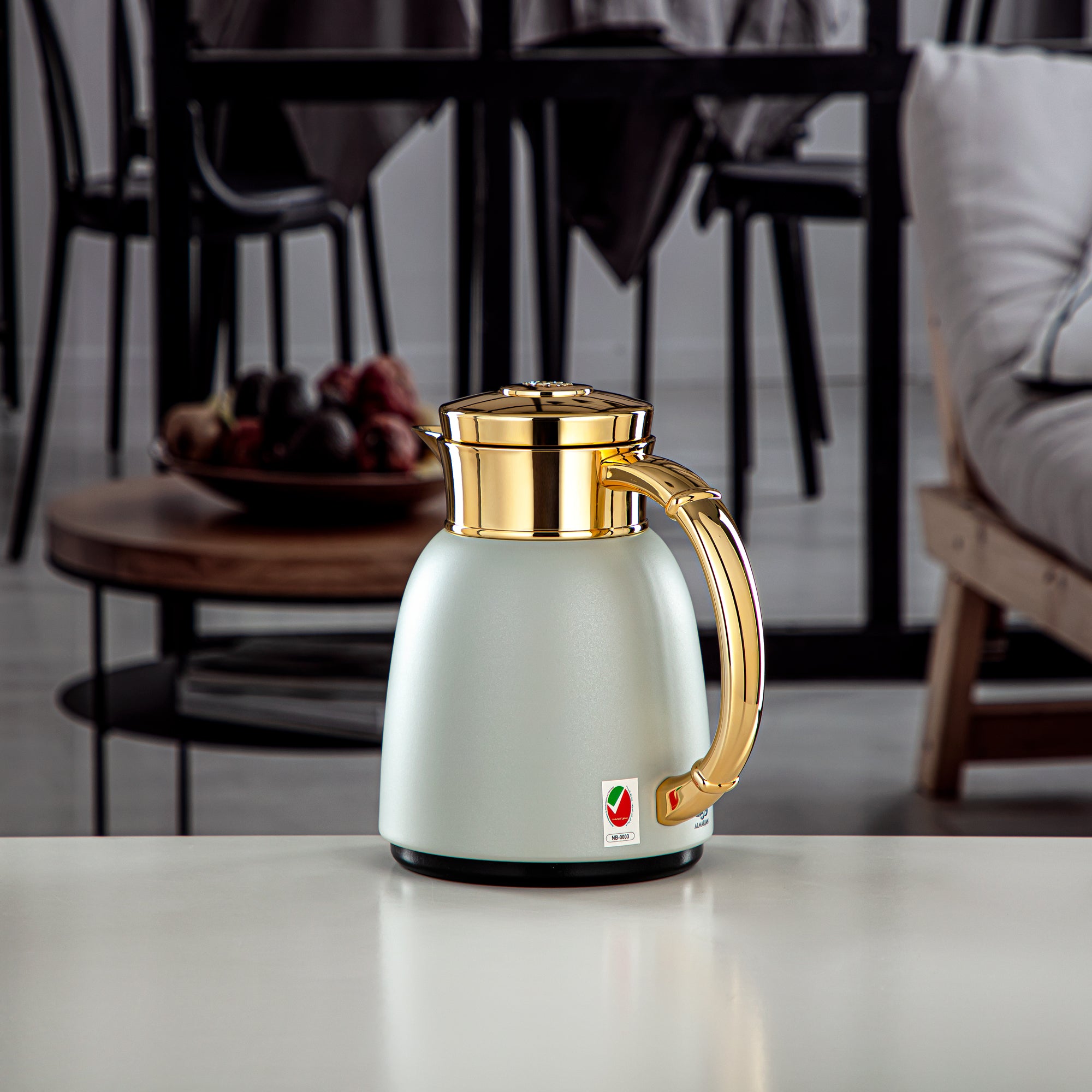 Almarjan Vacuum Flask 0.35L (QVC-0350Q265YZC95) - Push Button, Stone Grey & Gold | Modern Serveware