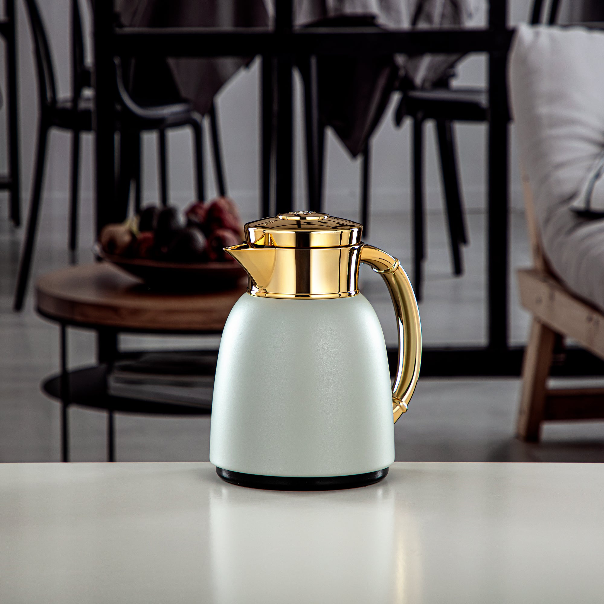 Almarjan Vacuum Flask 0.35L (QVC-0350Q265YZC95) - Push Button, Stone Grey & Gold | Modern Serveware