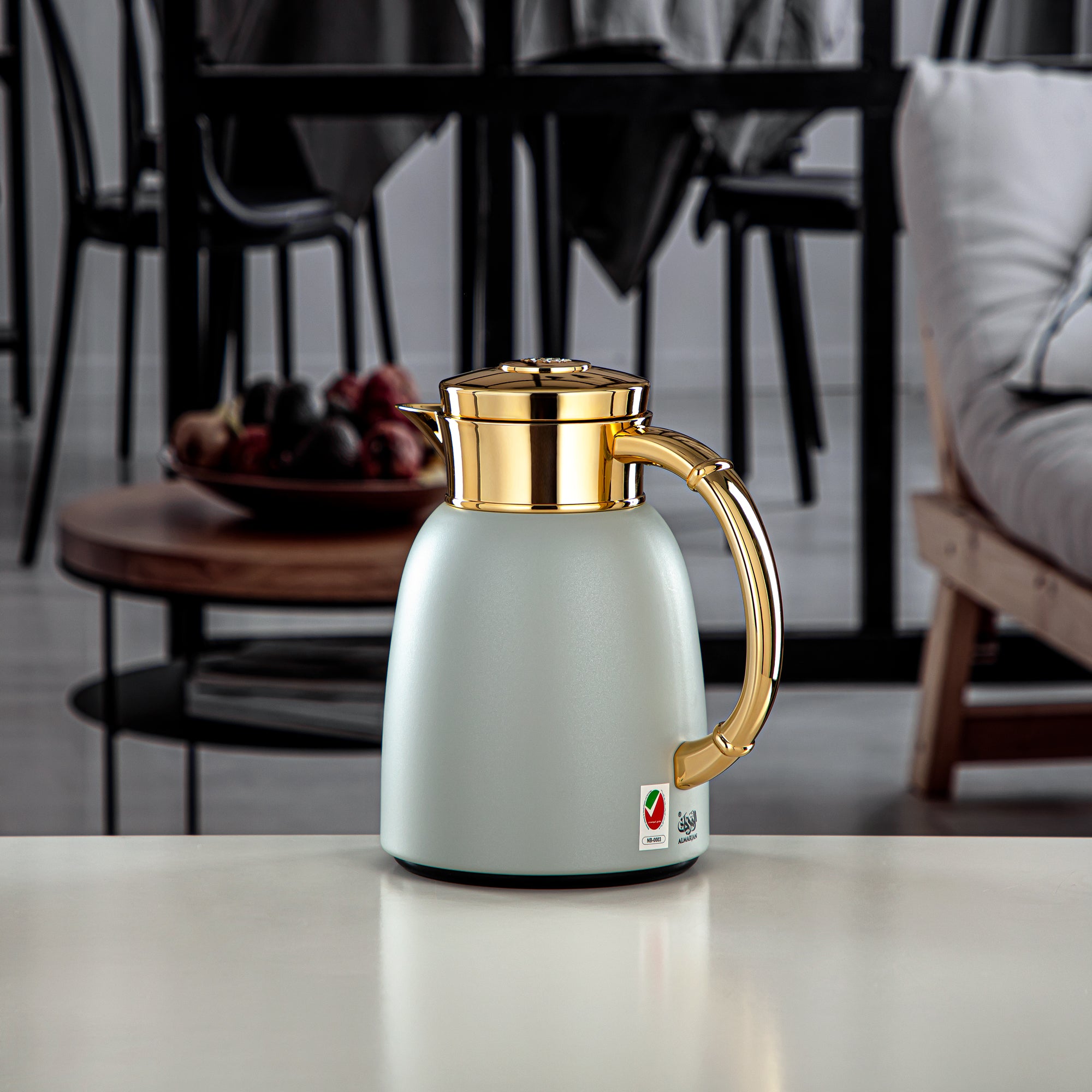 Almarjan Vacuum Flask 0.65L (QVC-0650Q265YZC95) - Push Button, Stone Grey & Gold | Modern Serveware