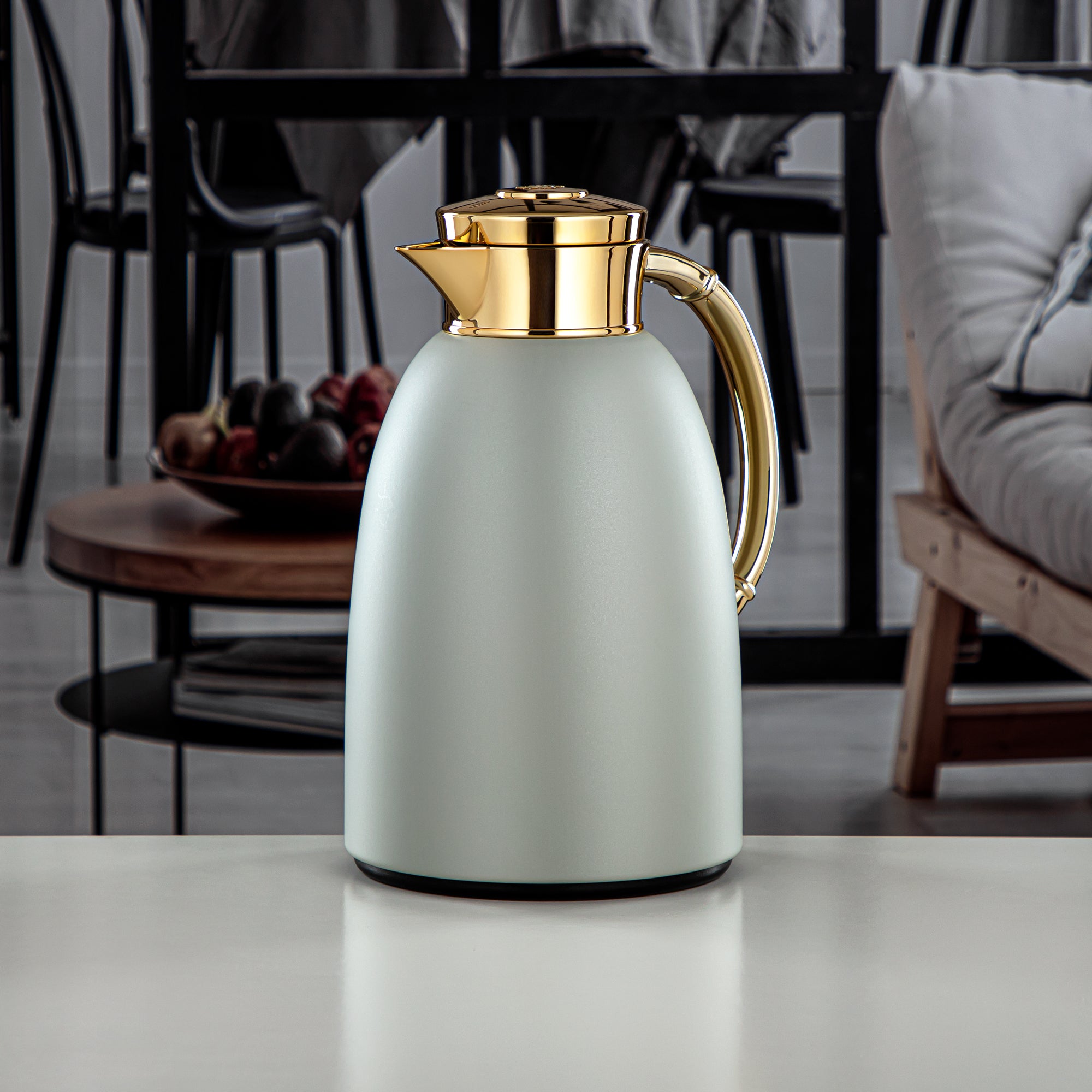 Almarjan Vacuum Flask 1.6L (QVC-1600Q265YZC95) - Push Button, Stone Grey & Gold | Modern Serveware