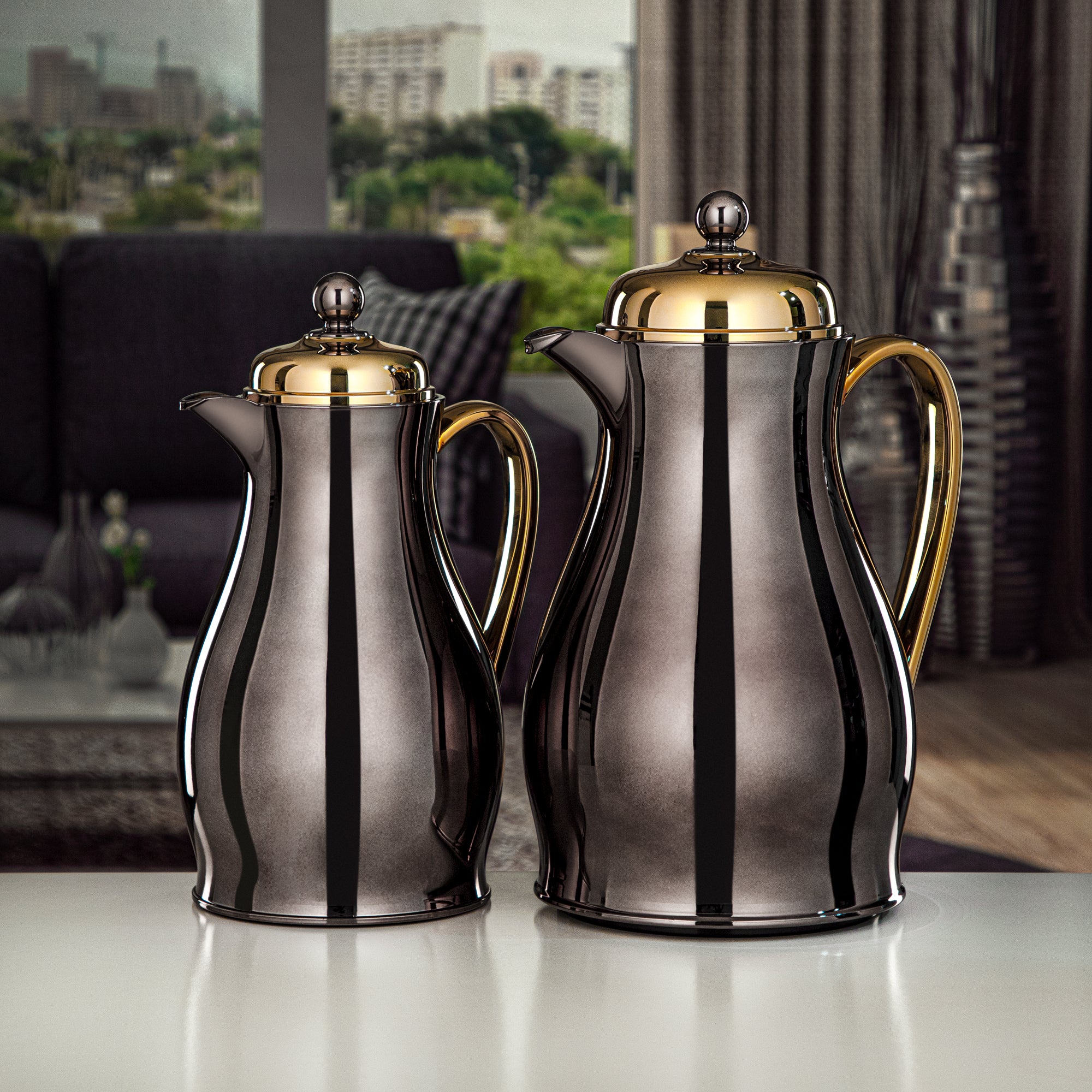 Almarjan Vacuum Flask Set Nickle Black & Gold 0.7L + 1L (RPA-070-NBKG+RPA-100-NBKG) – Elegant Serving | Ramadan & Gatherings