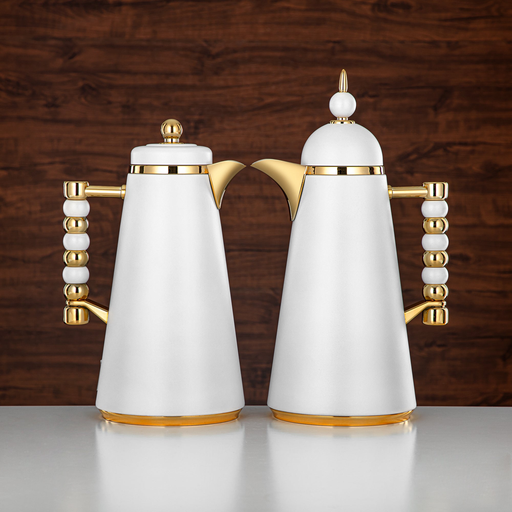 Almarjan Vacuum Flask Set Push Button 1L + 1L White & Gold (SJ42-IG) - Tea & Coffee Flask