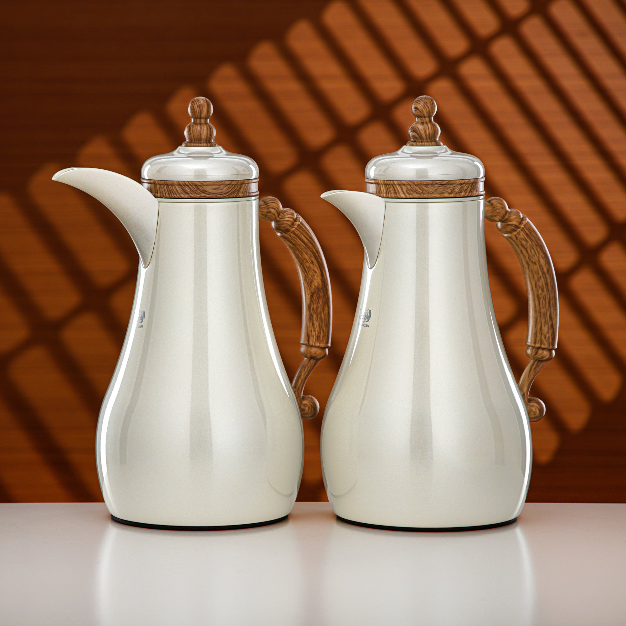 Almarjan Vacuum Flask Set 1L + 1L Pearl White & Light Wood