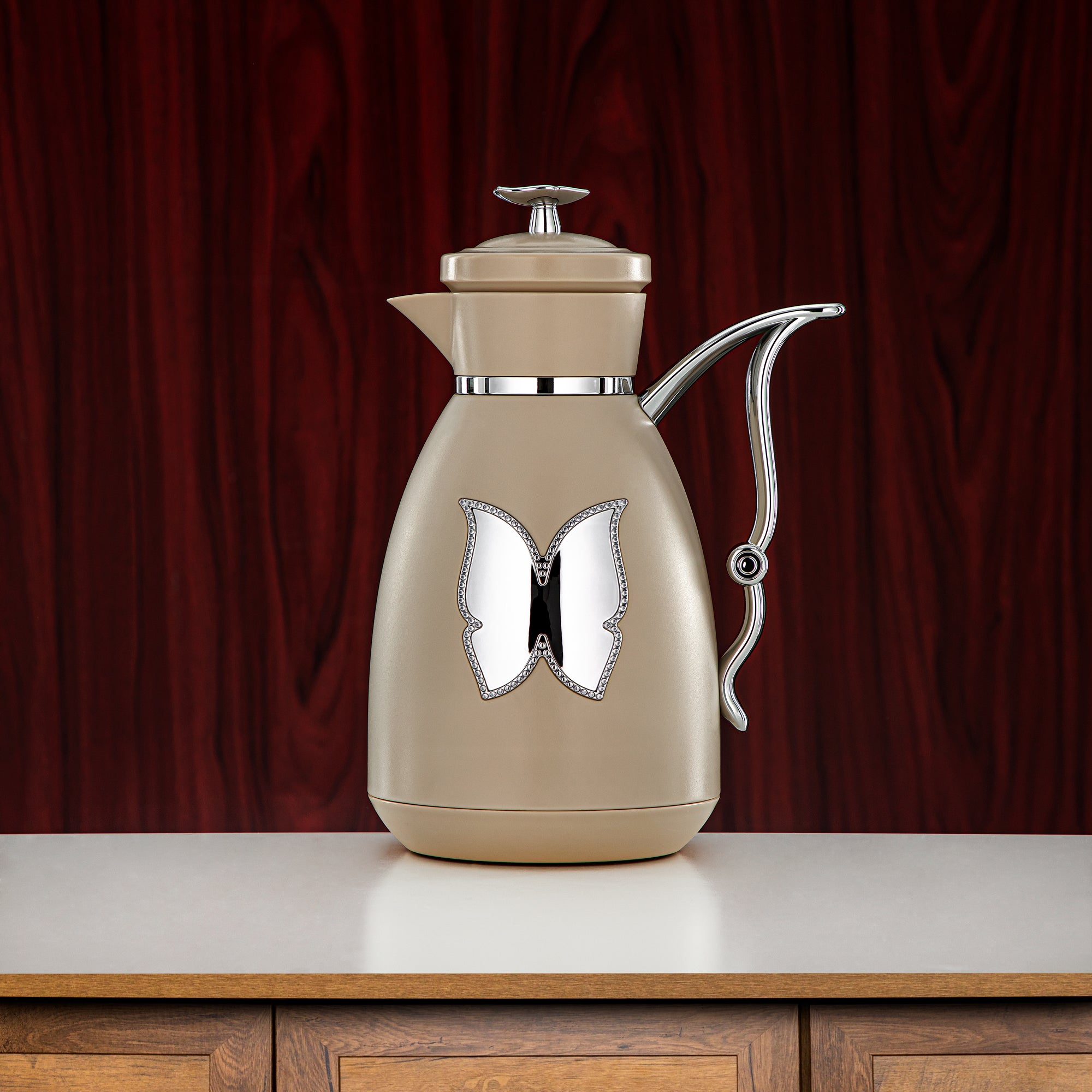 Almarjan Vacuum Flask Set Plastic Push Button 0.7L + 1L Beige & Silver (SM-2C142-070/100 BG/C) - Tea & Coffee Flask