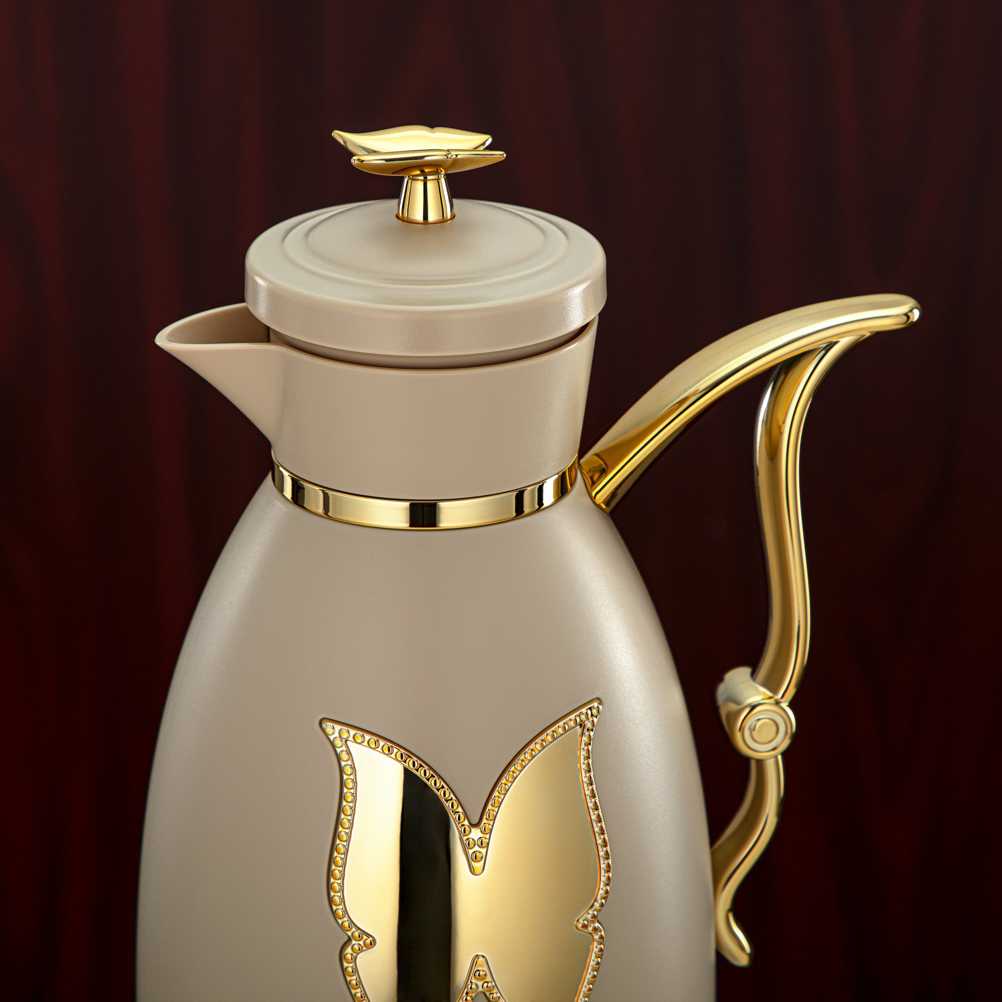 Almarjan Vacuum Flask Set Plastic Push Button 0.7L + 1L Beige & Gold (SM-2C142-070/100 BG/G) - Tea & Coffee Flask