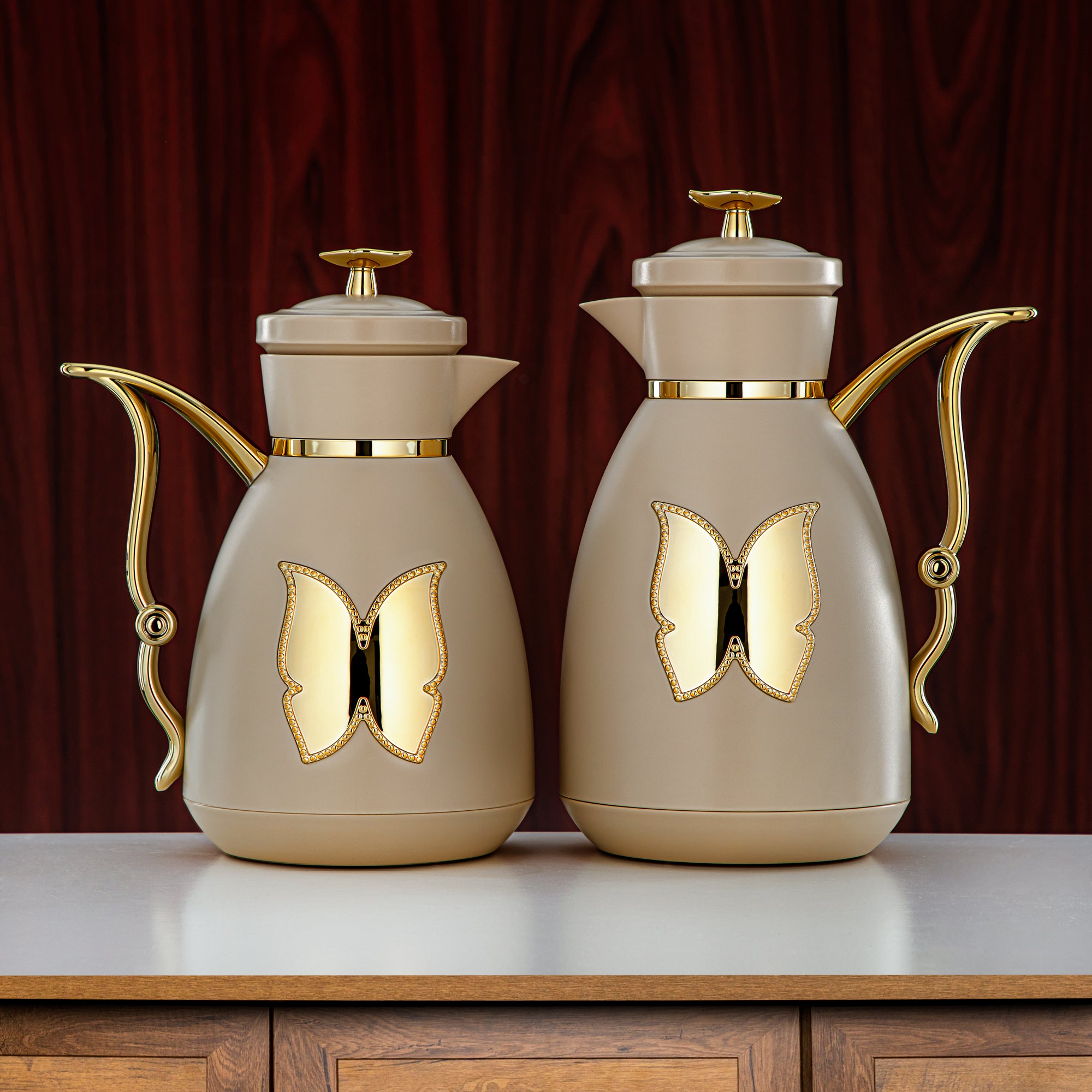 Almarjan Vacuum Flask Set Plastic Push Button 0.7L + 1L Beige & Gold (SM-2C142-070/100 BG/G) - Tea & Coffee Flask