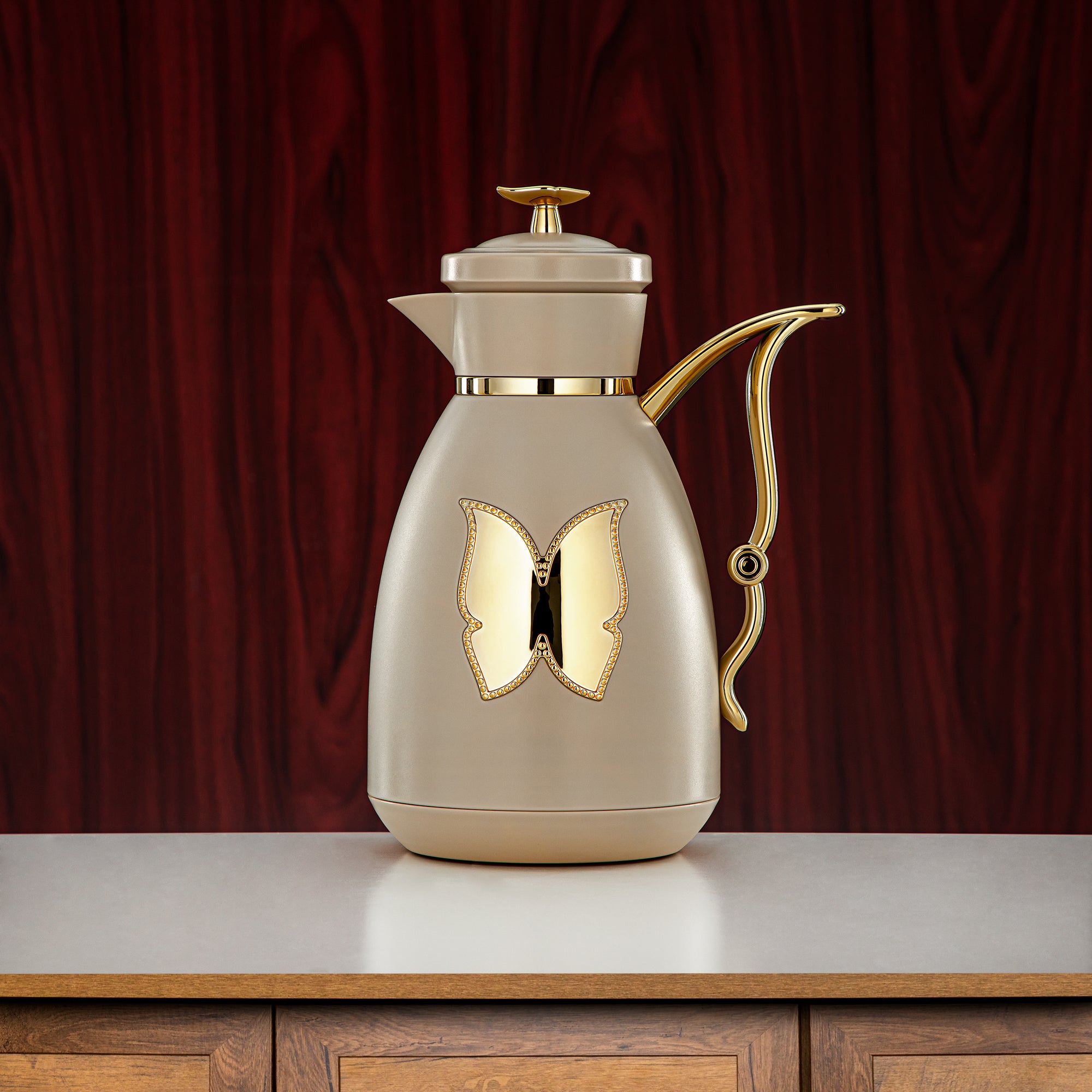 Almarjan Vacuum Flask Set Plastic Push Button 0.7L + 1L Beige & Gold (SM-2C142-070/100 BG/G) - Tea & Coffee Flask