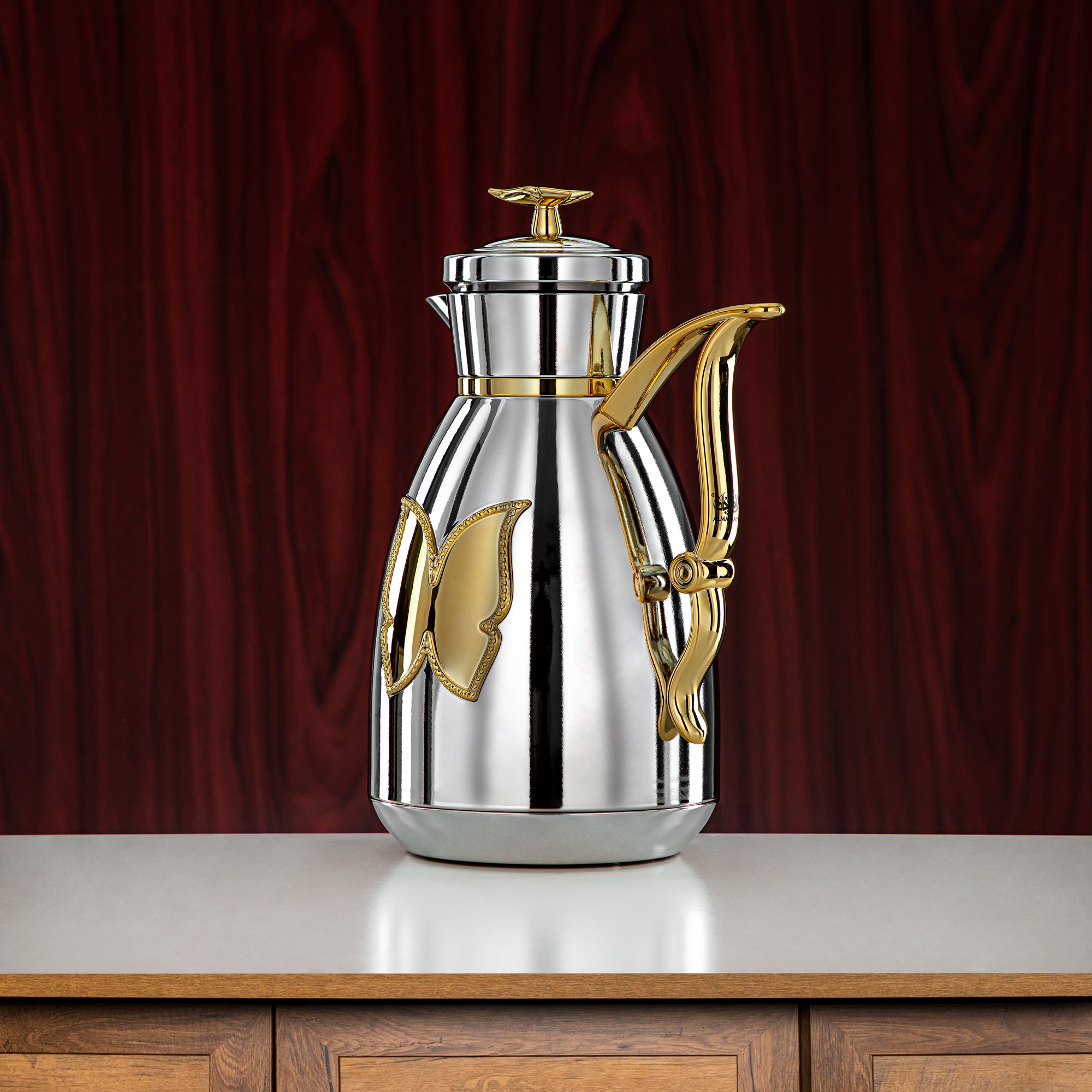 Almarjan Vacuum Flask Set Plastic Push Button 0.7L + 1L Silver & Gold (SM-2C142-070/100 C/G) - Tea & Coffee Flask