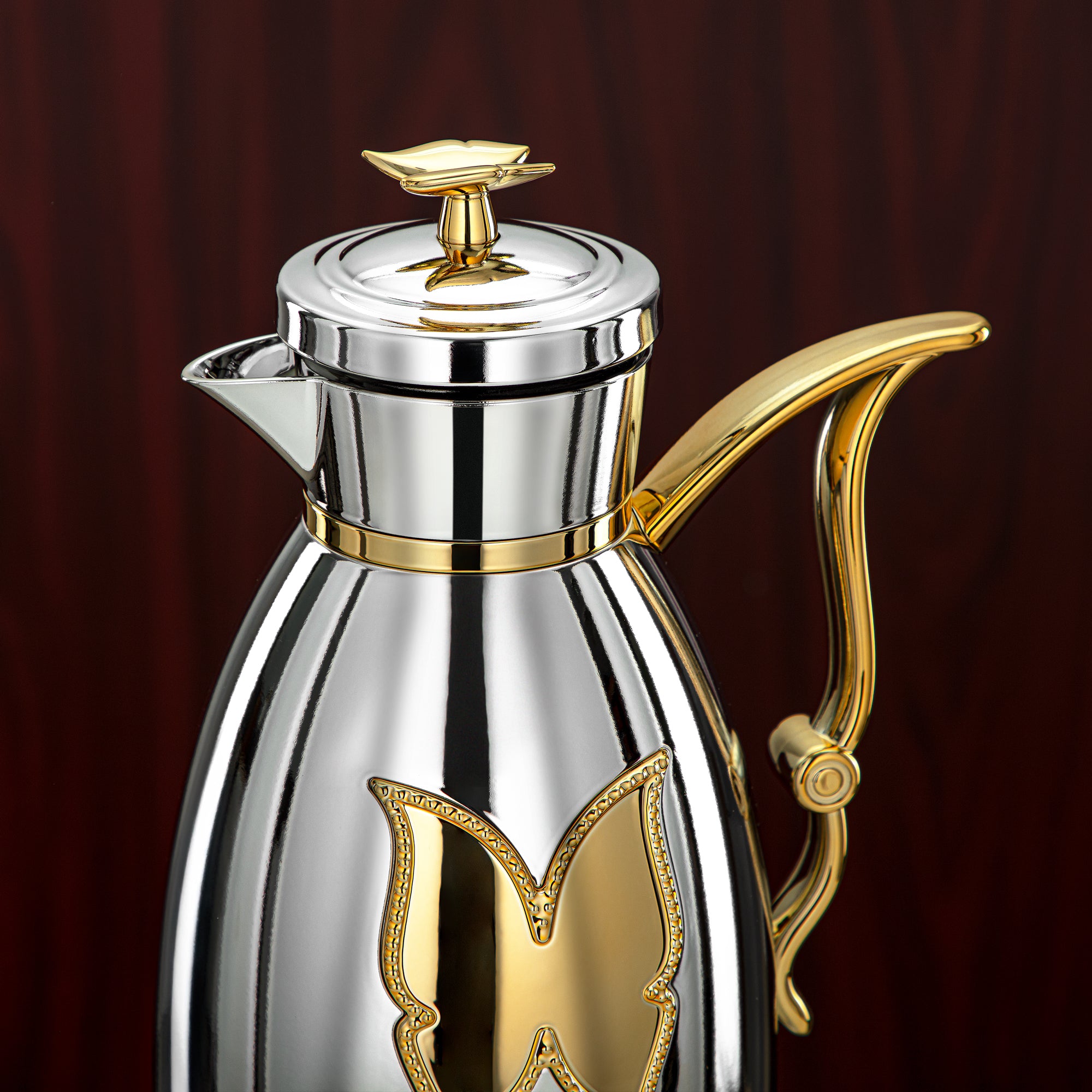 Almarjan Vacuum Flask Set Plastic Push Button 0.7L + 1L Silver & Gold (SM-2C142-070/100 C/G) - Tea & Coffee Flask