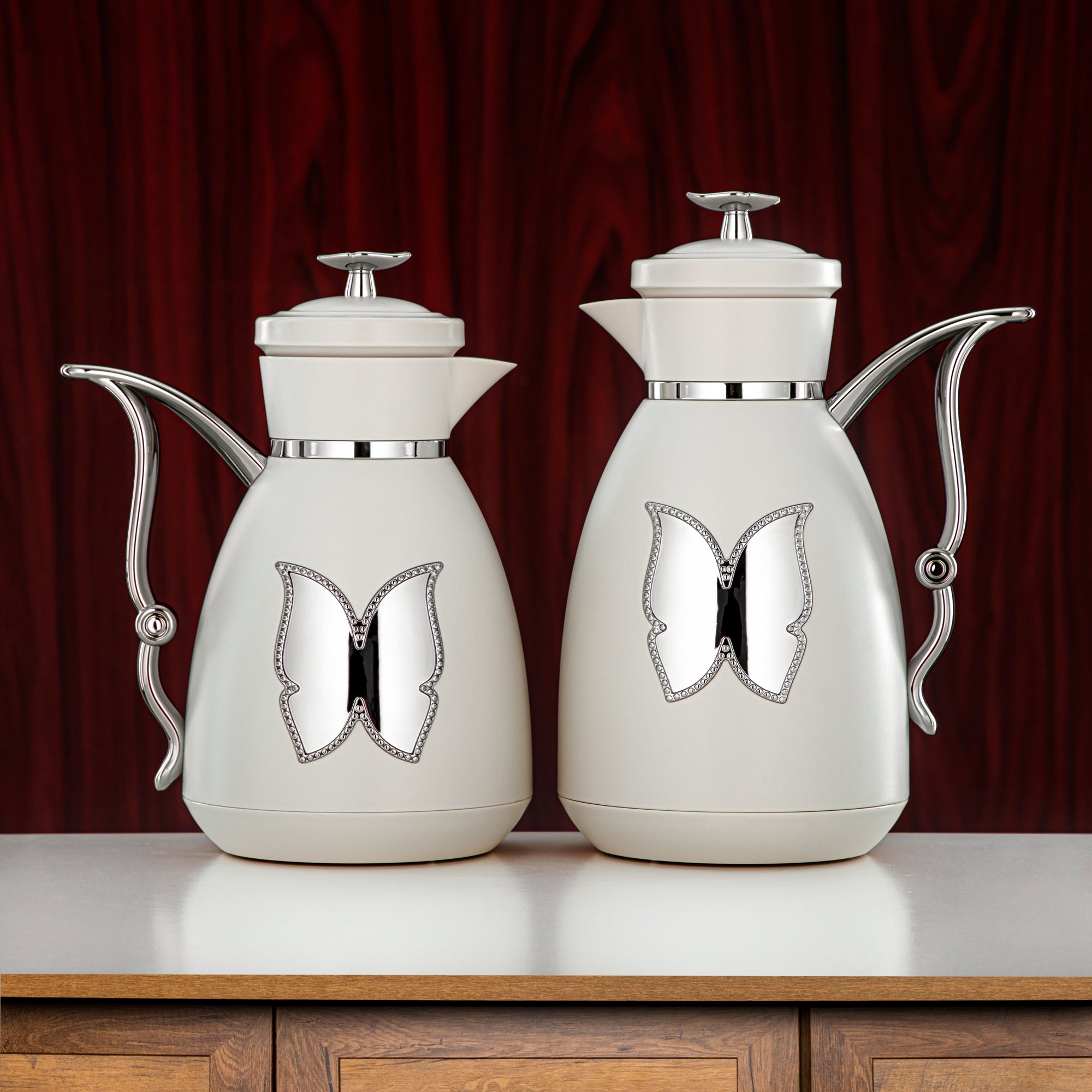 Almarjan Vacuum Flask Set Plastic Push Button 0.7L + 1L Ivory & Silver (SM-2C142-070/100 IV/C) - Tea & Coffee Flask