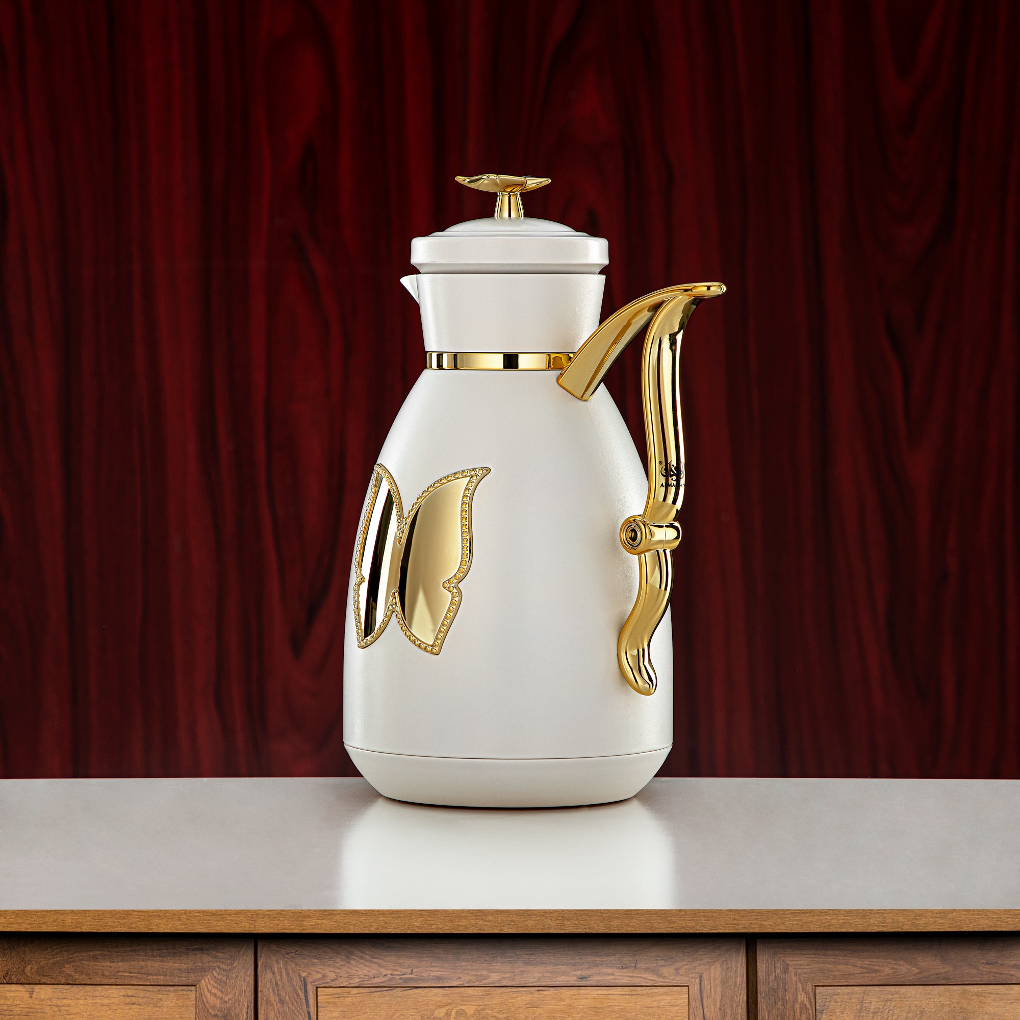 Almarjan Vacuum Flask Set Plastic Push Button 0.7L + 1L Ivory & Gold (SM-2C142-070/100 IV/G) - Tea & Coffee Flask