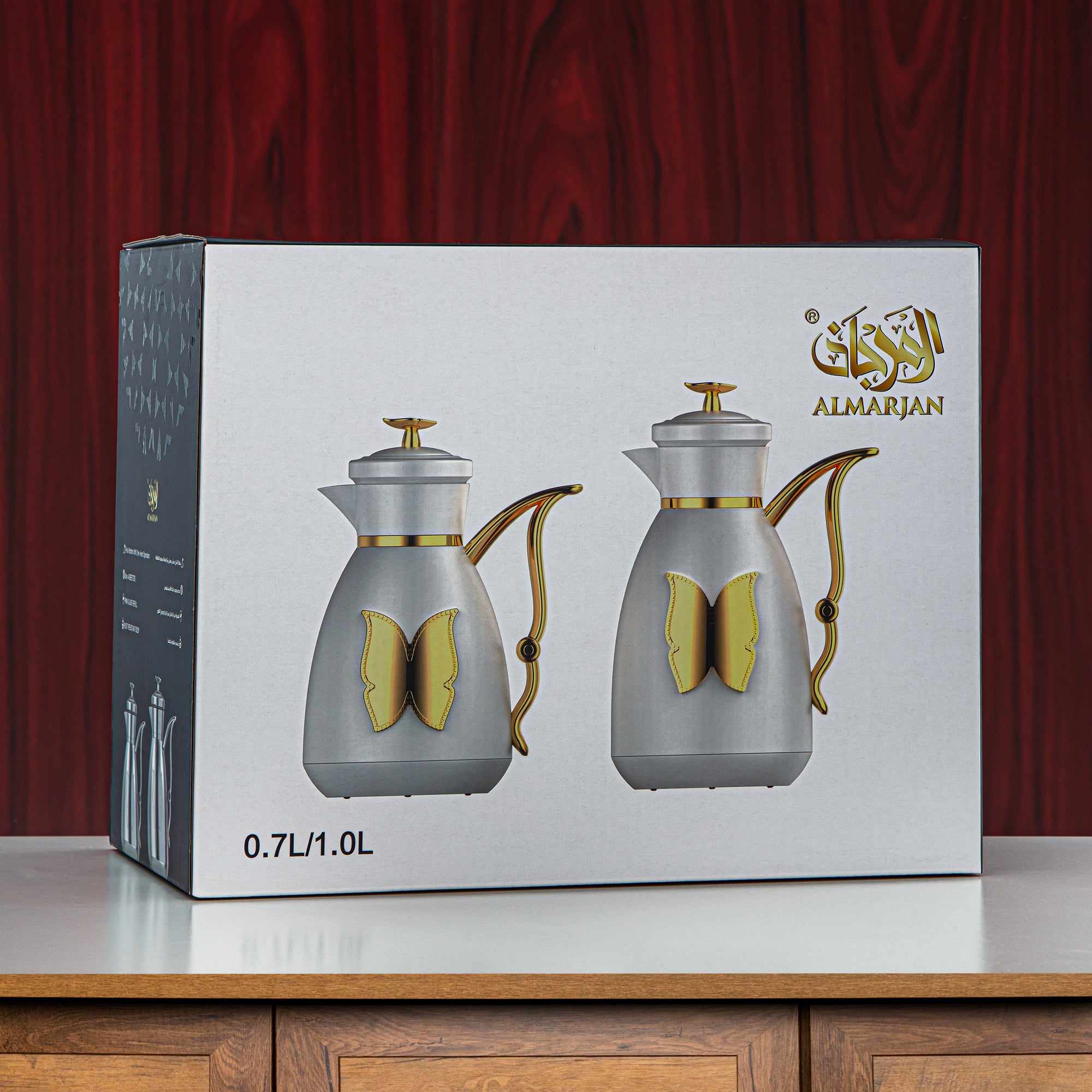 Almarjan Vacuum Flask Set Plastic Push Button 0.7L + 1L Ivory & Gold (SM-2C142-070/100 IV/G) - Tea & Coffee Flask