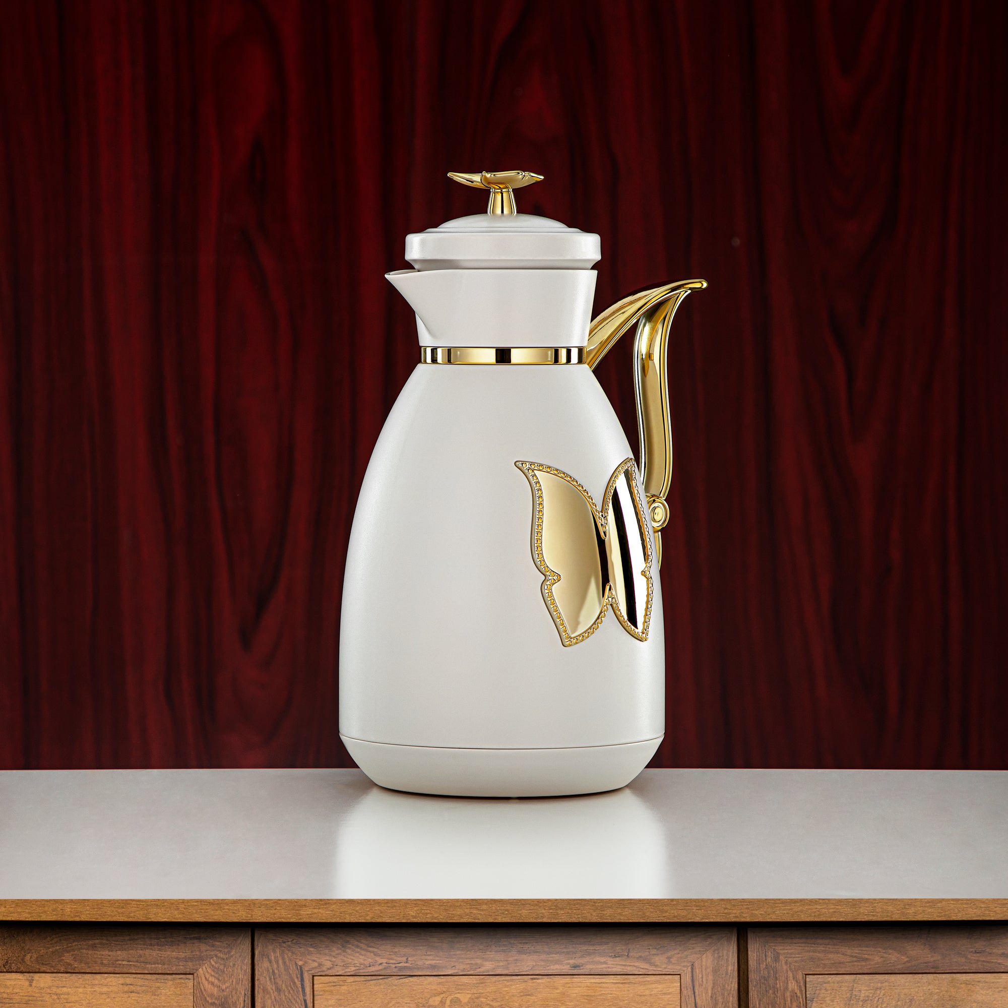 Almarjan Vacuum Flask Set Plastic Push Button 0.7L + 1L Ivory & Gold (SM-2C142-070/100 IV/G) - Tea & Coffee Flask