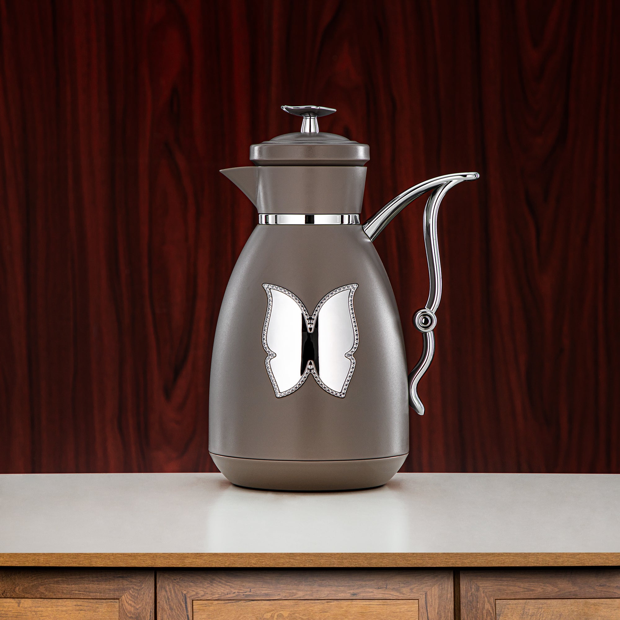 Almarjan Vacuum Flask Set Plastic Push Button 0.7L + 1L Coffee & Silver (SM-2C142-070/100 WG/C) - Tea & Coffee Flask