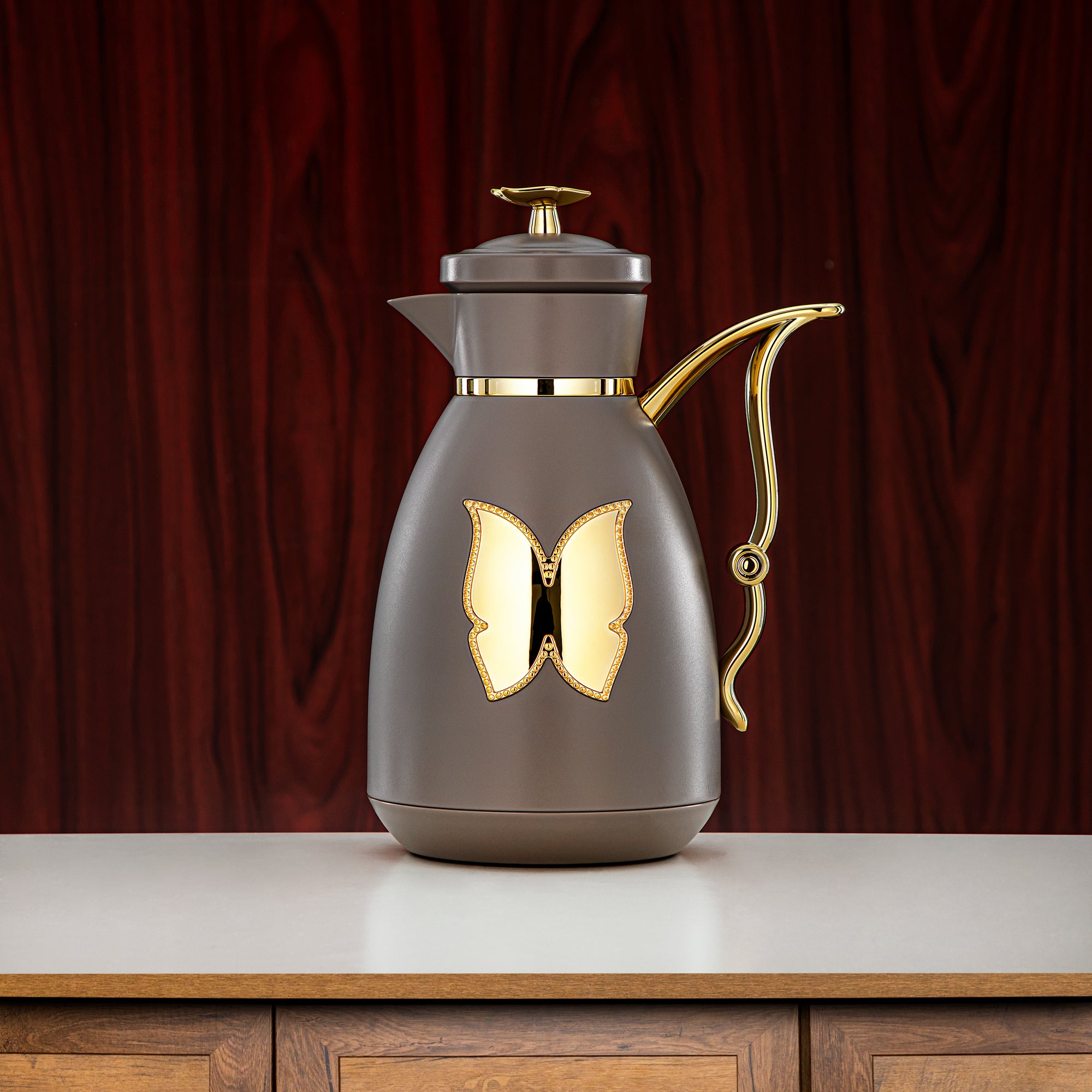 Almarjan Vacuum Flask Set Plastic Push Button 0.7L + 1L Coffee & Gold (SM-2C142-070/100 WG/G) - Tea & Coffee Flask