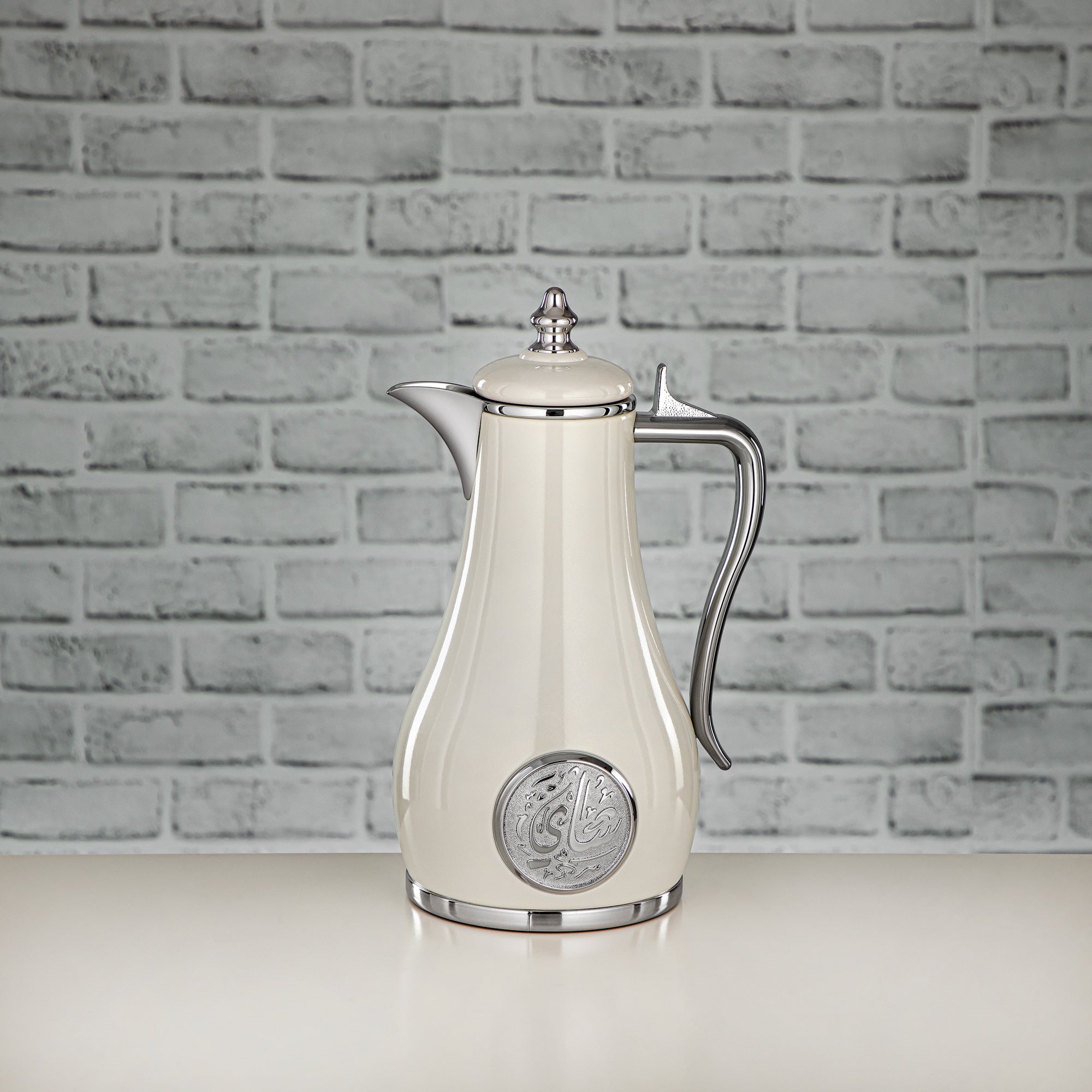 Almarjan Vacuum Flask Set, Push Button - 1L + 1L, Pearl White & Silver (SR-PWS) - Classic and Elegant