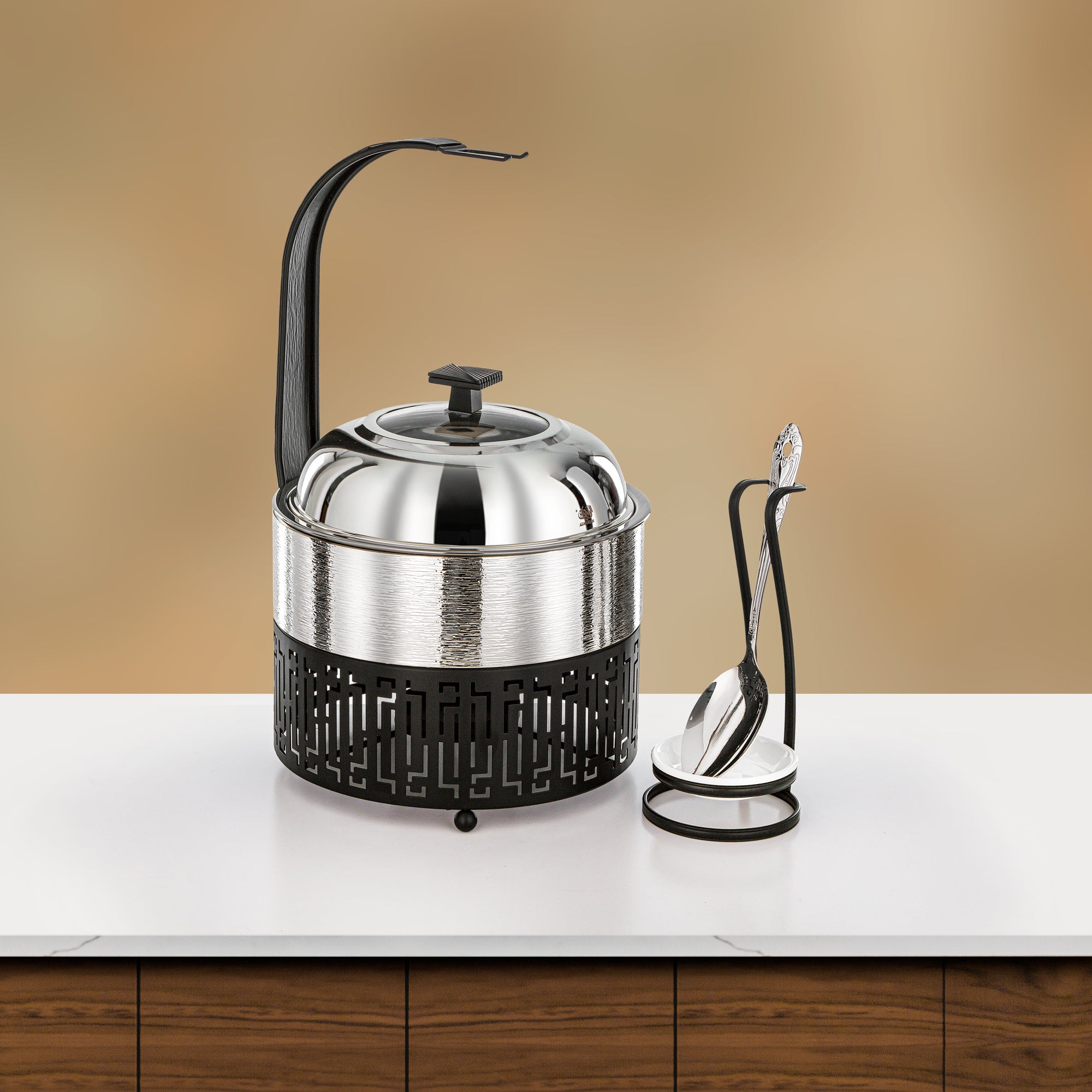Almarjan 2 Lit Chafing Dish, Brushed Silver & Black