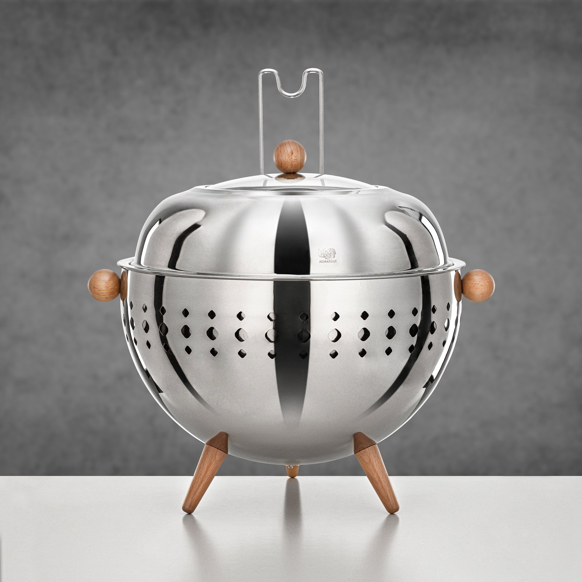 صحن تسخين المرجان سعة 6.5 لتر بلمعة فضية مرآة ومقابض خشبية