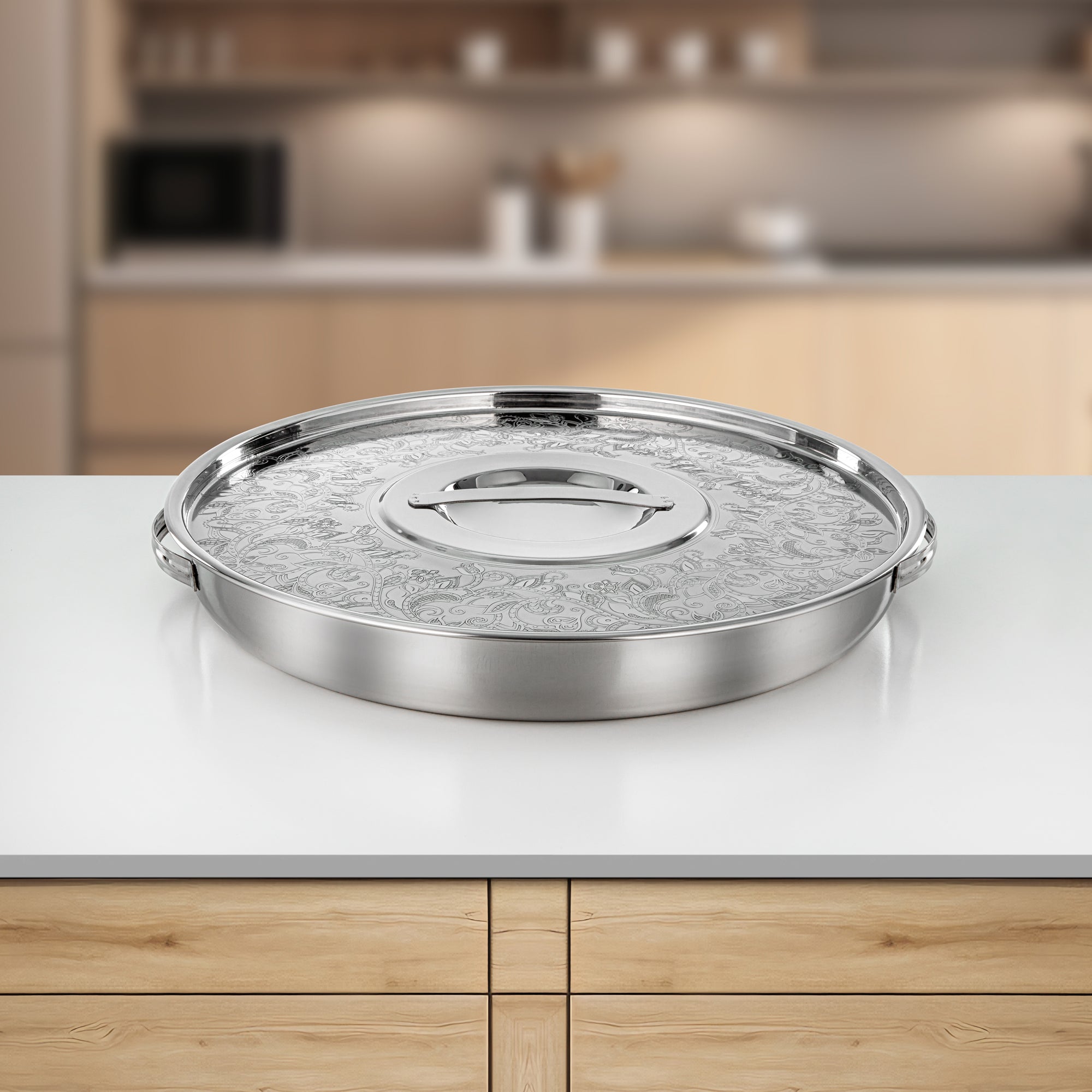 Almarjan Breakfast Tray with Etched Cover Stainless Steel Mirror Finish 43 cm (H24E1) – Breakfast Serveware | Ramadan & Gatherings
