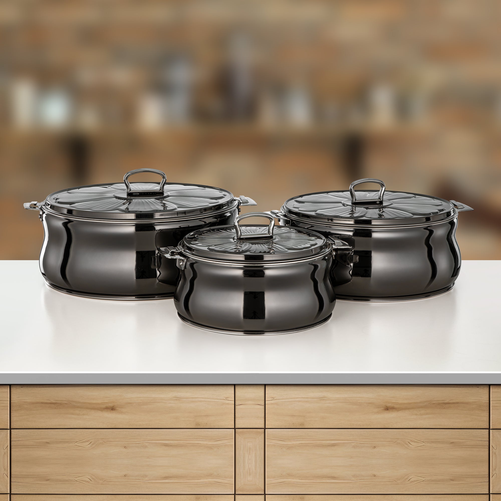 Almarjan Zeena Hot Pot Set 3 Pieces Gun Black & Silver