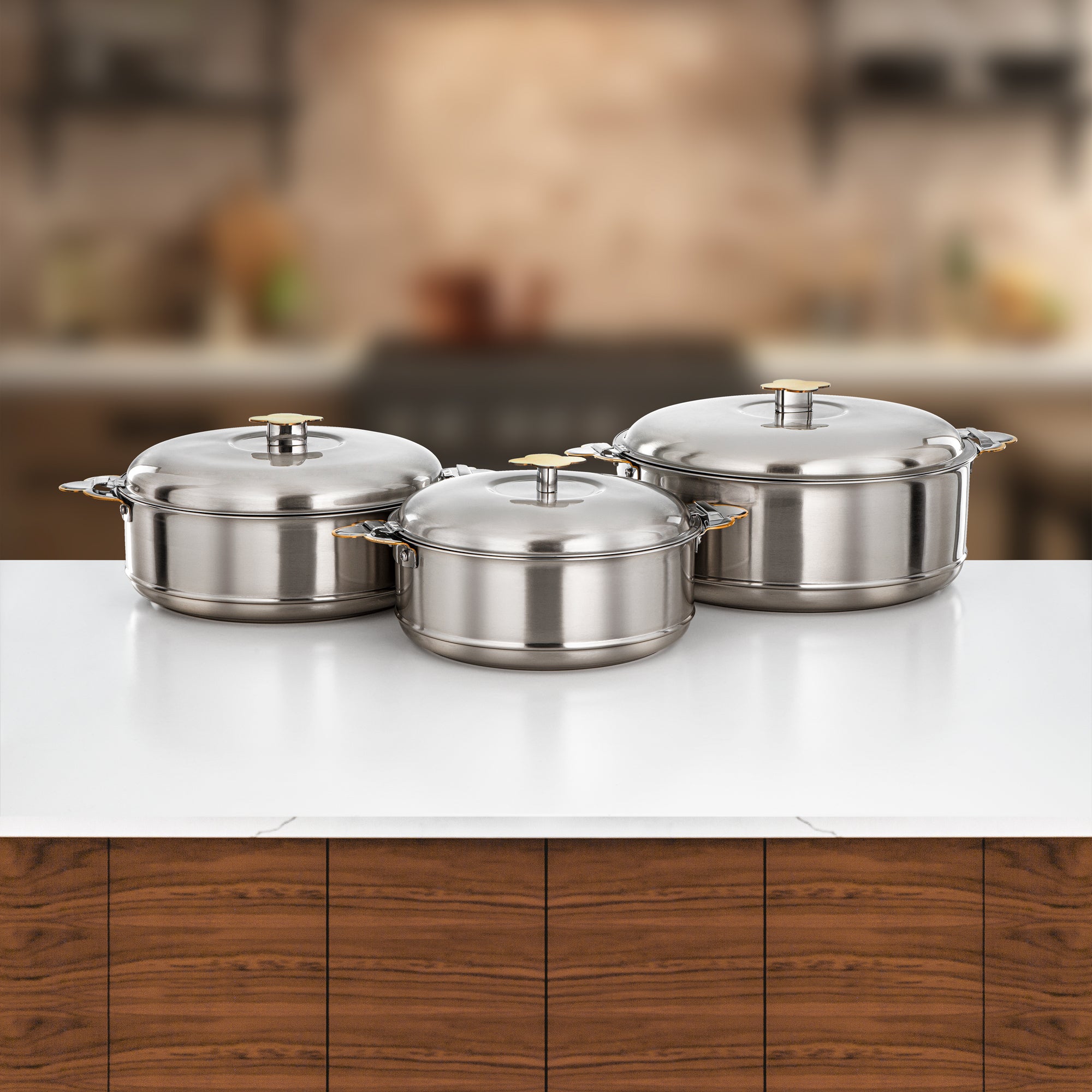 Almarjan Vida Hot Pot Set 3 Pieces 2.5L, 3.5L & 5L Matt Silver & Gold
